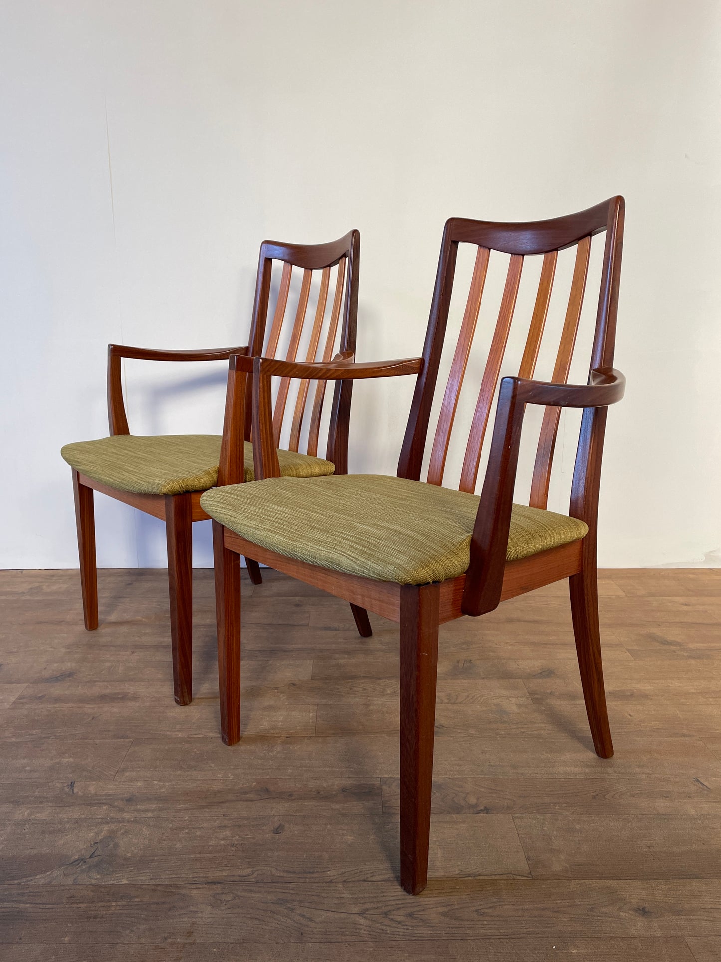 Pair of Mid-Century Teak G Plan Carver Dining Chairs with New Upholstery – 57cm Wide
