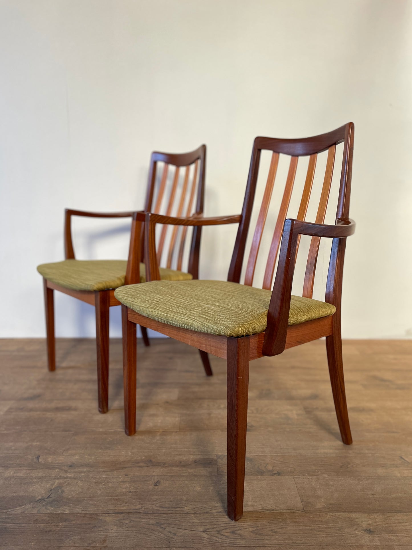 Pair of Mid-Century Teak G Plan Carver Dining Chairs with New Upholstery – 57cm Wide