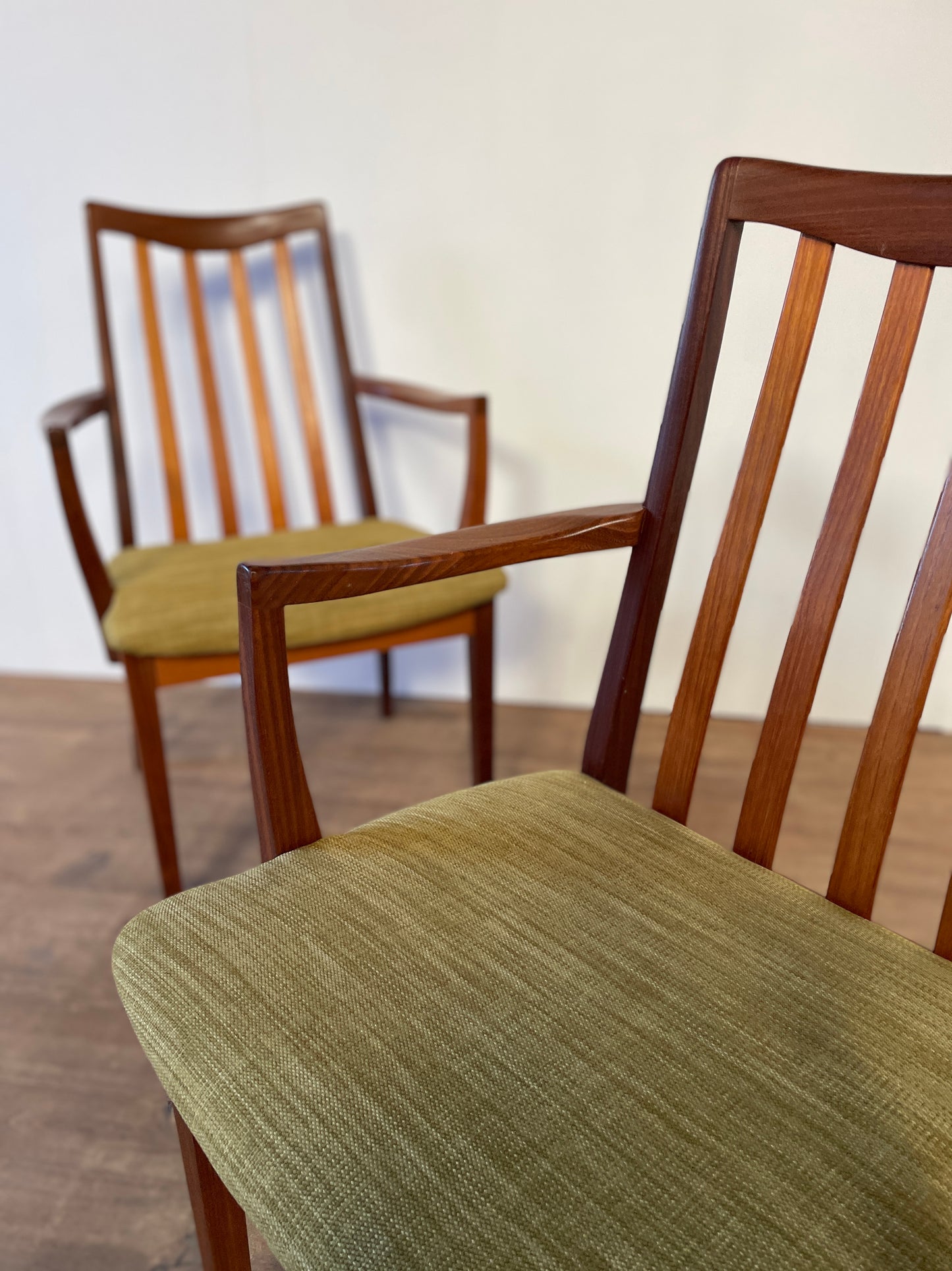 Pair of Mid-Century Teak G Plan Carver Dining Chairs with New Upholstery – 57cm Wide