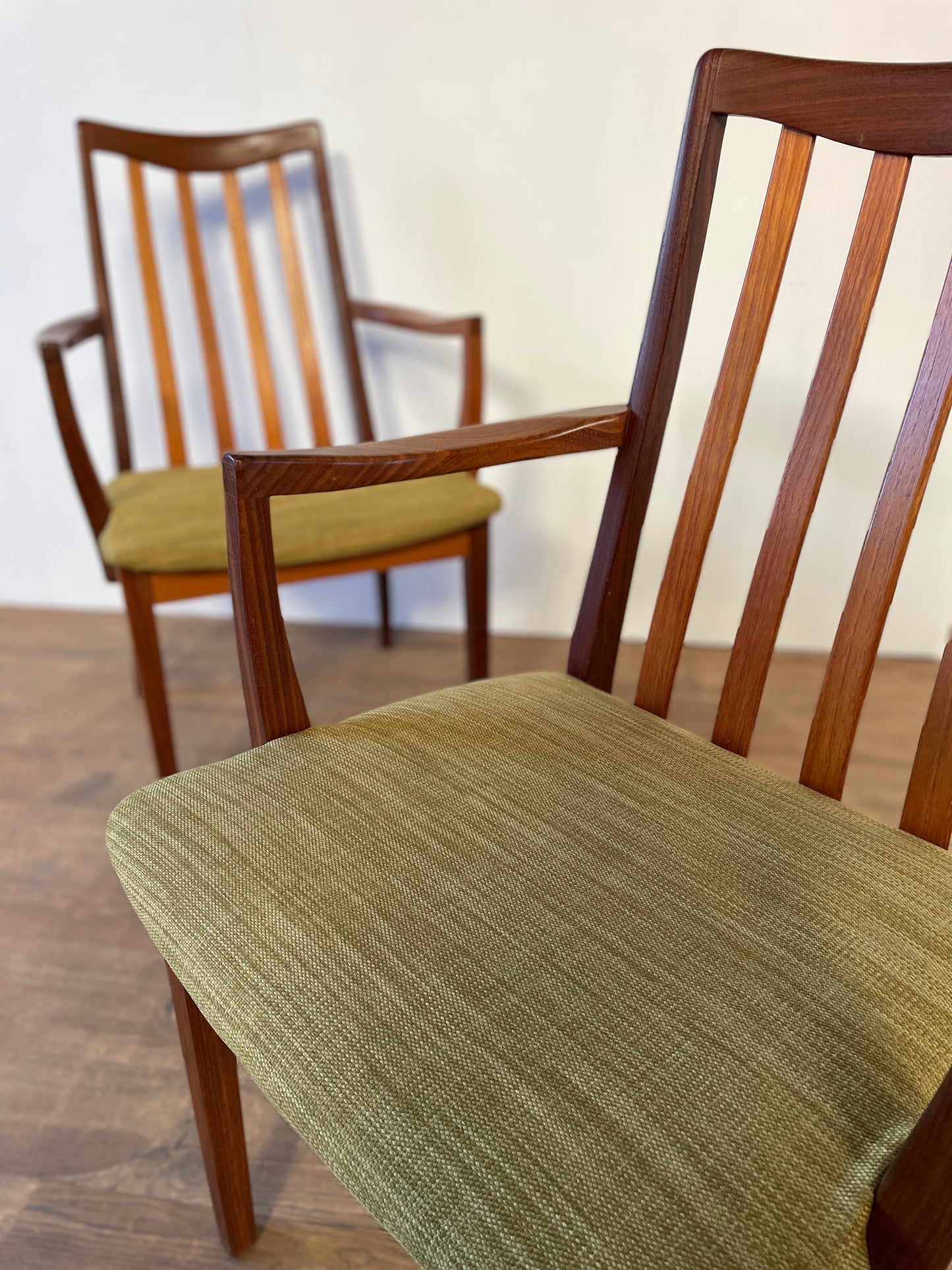 Pair of Mid-Century Teak G Plan Carver Dining Chairs with New Upholstery – 57cm Wide