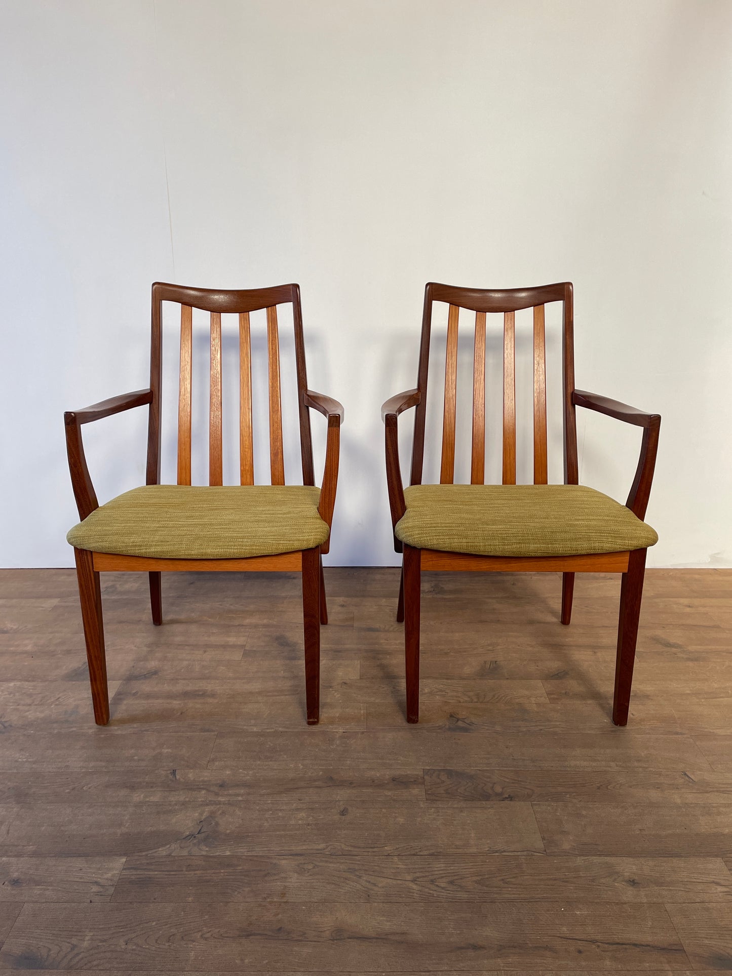 Pair of Mid-Century Teak G Plan Carver Dining Chairs with New Upholstery – 57cm Wide