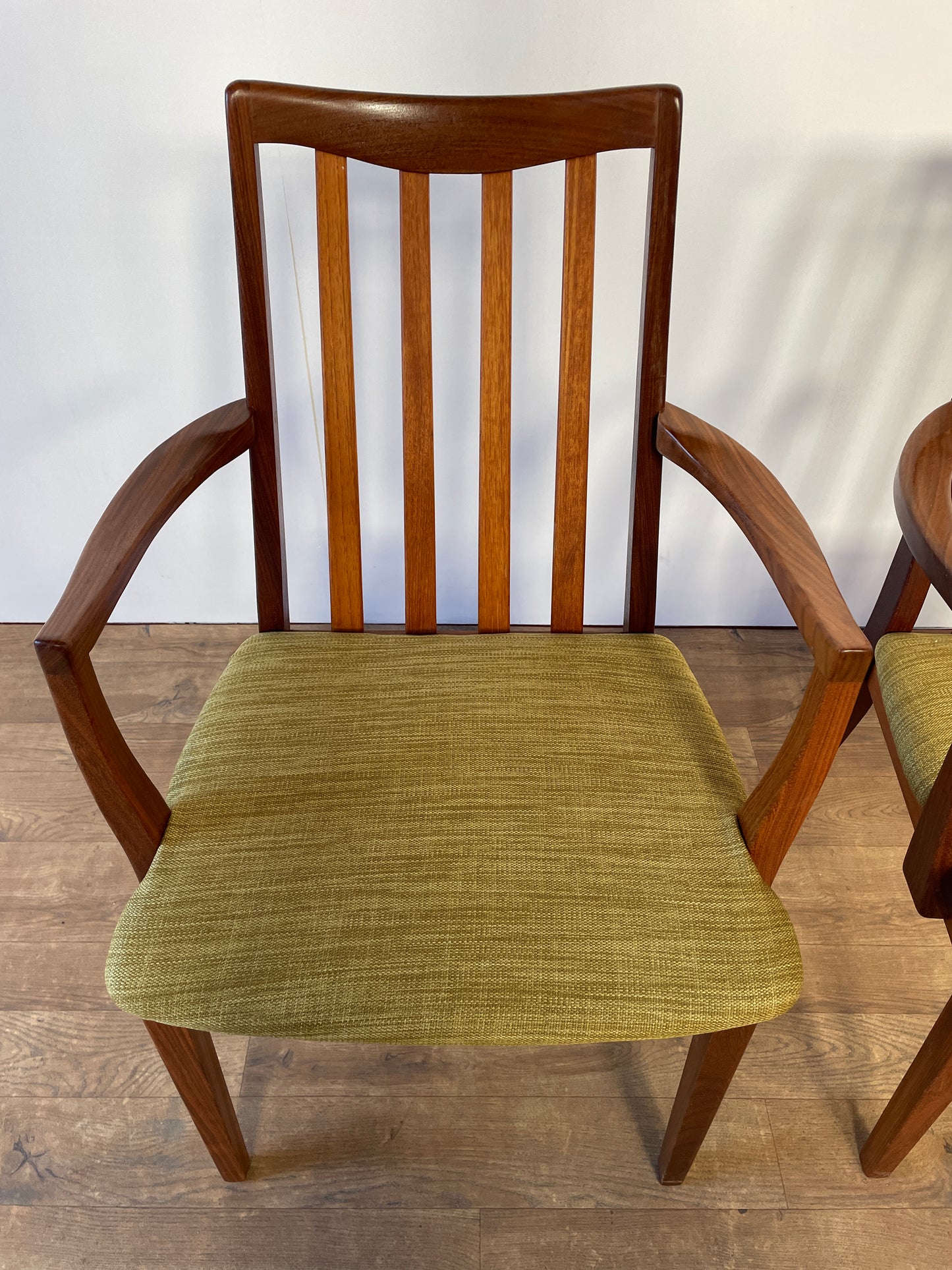 Pair of Mid-Century Teak G Plan Carver Dining Chairs with New Upholstery – 57cm Wide