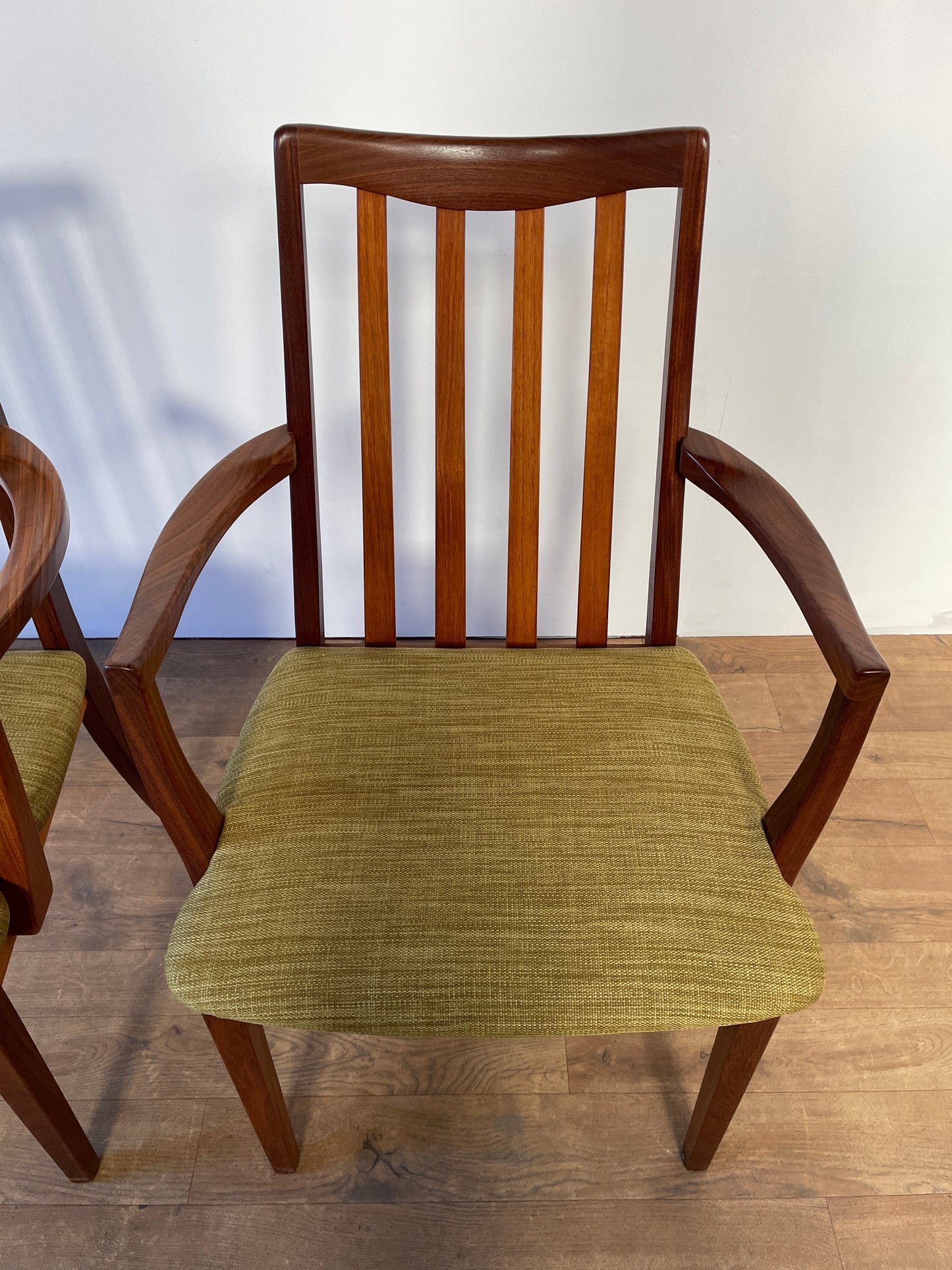 Pair of Mid-Century Teak G Plan Carver Dining Chairs with New Upholstery – 57cm Wide