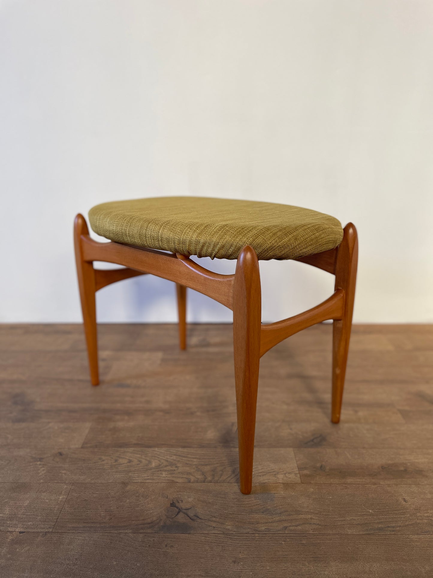 Mid-Century Teak Elliotts of Newbury Upholstered Stool – Vintage 1960s Danish Style Seating
