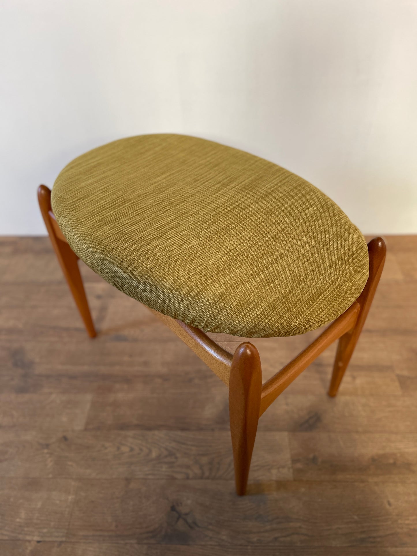 Mid-Century Teak Elliotts of Newbury Upholstered Stool – Vintage 1960s Danish Style Seating