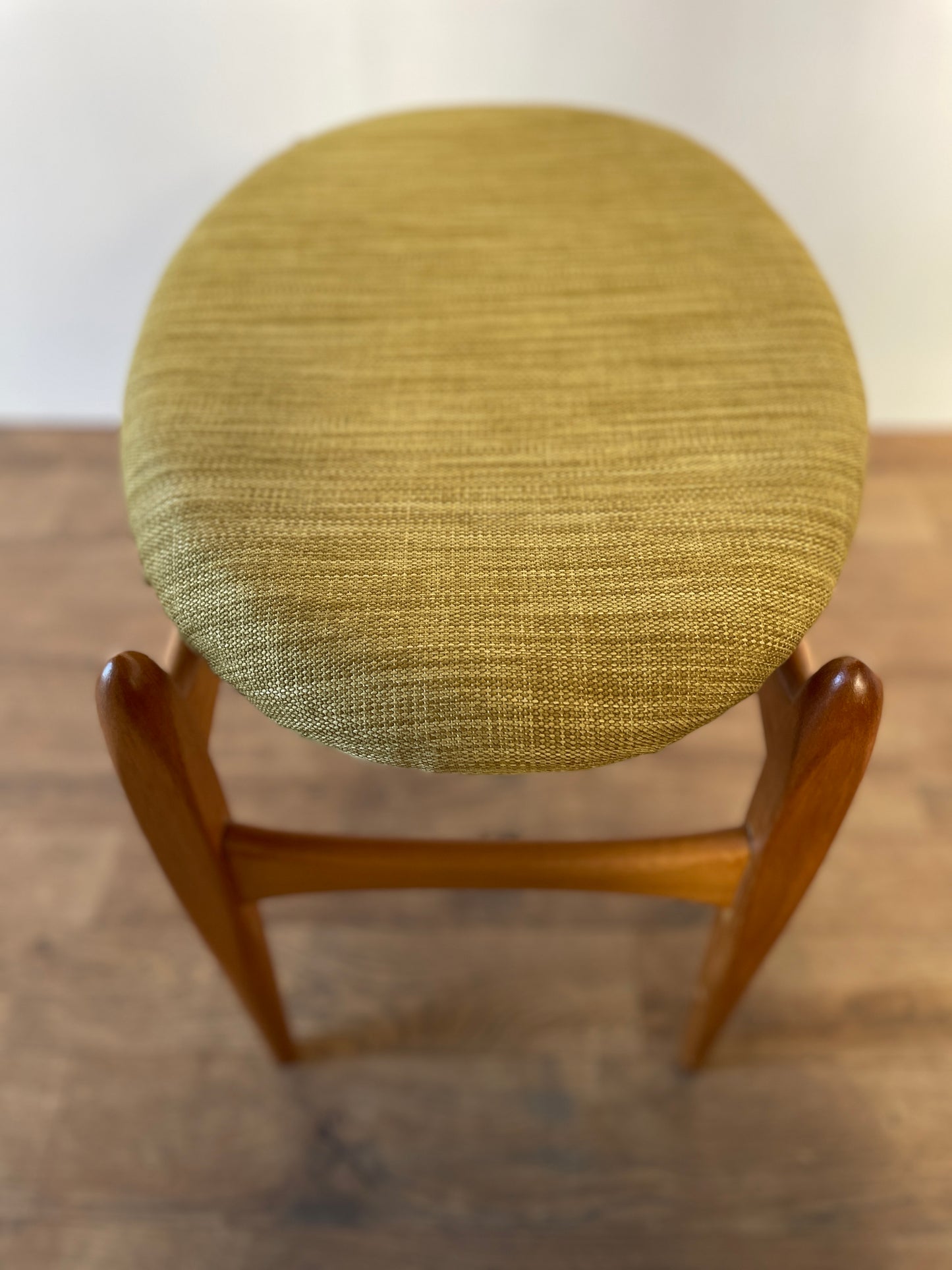 Mid-Century Teak Elliotts of Newbury Upholstered Stool – Vintage 1960s Danish Style Seating