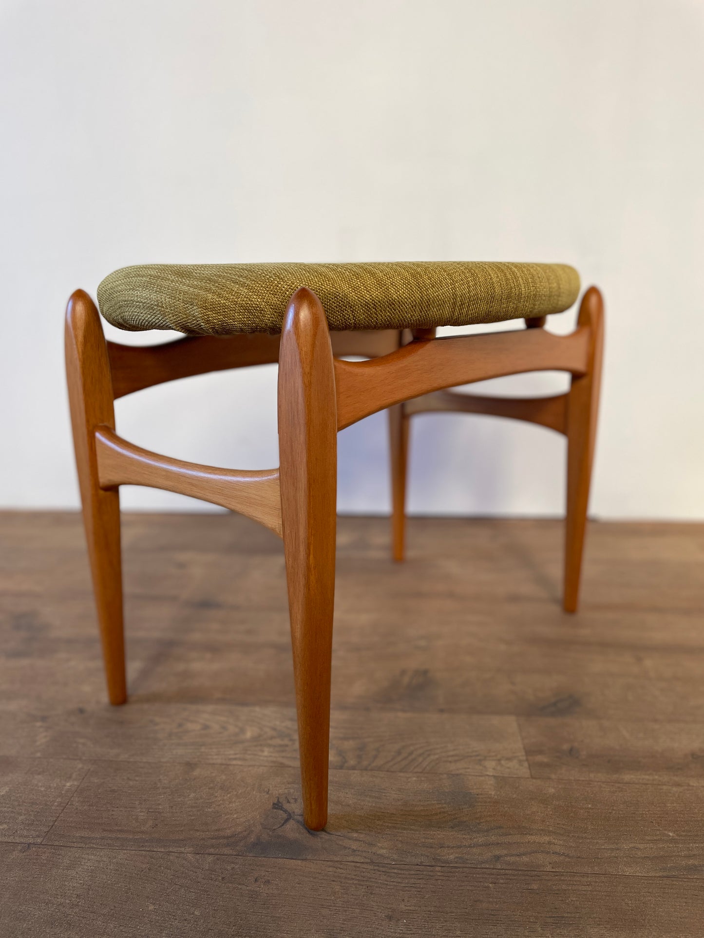 Mid-Century Teak Elliotts of Newbury Upholstered Stool – Vintage 1960s Danish Style Seating