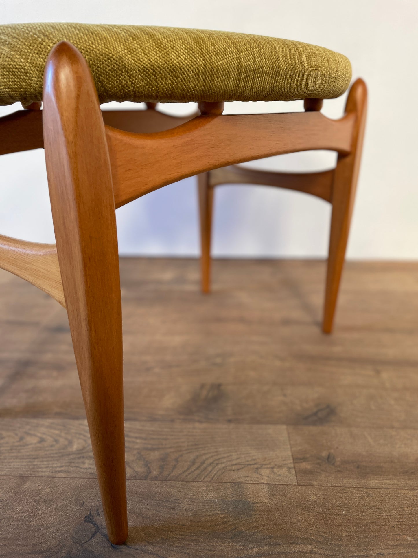 Mid-Century Teak Elliotts of Newbury Upholstered Stool – Vintage 1960s Danish Style Seating