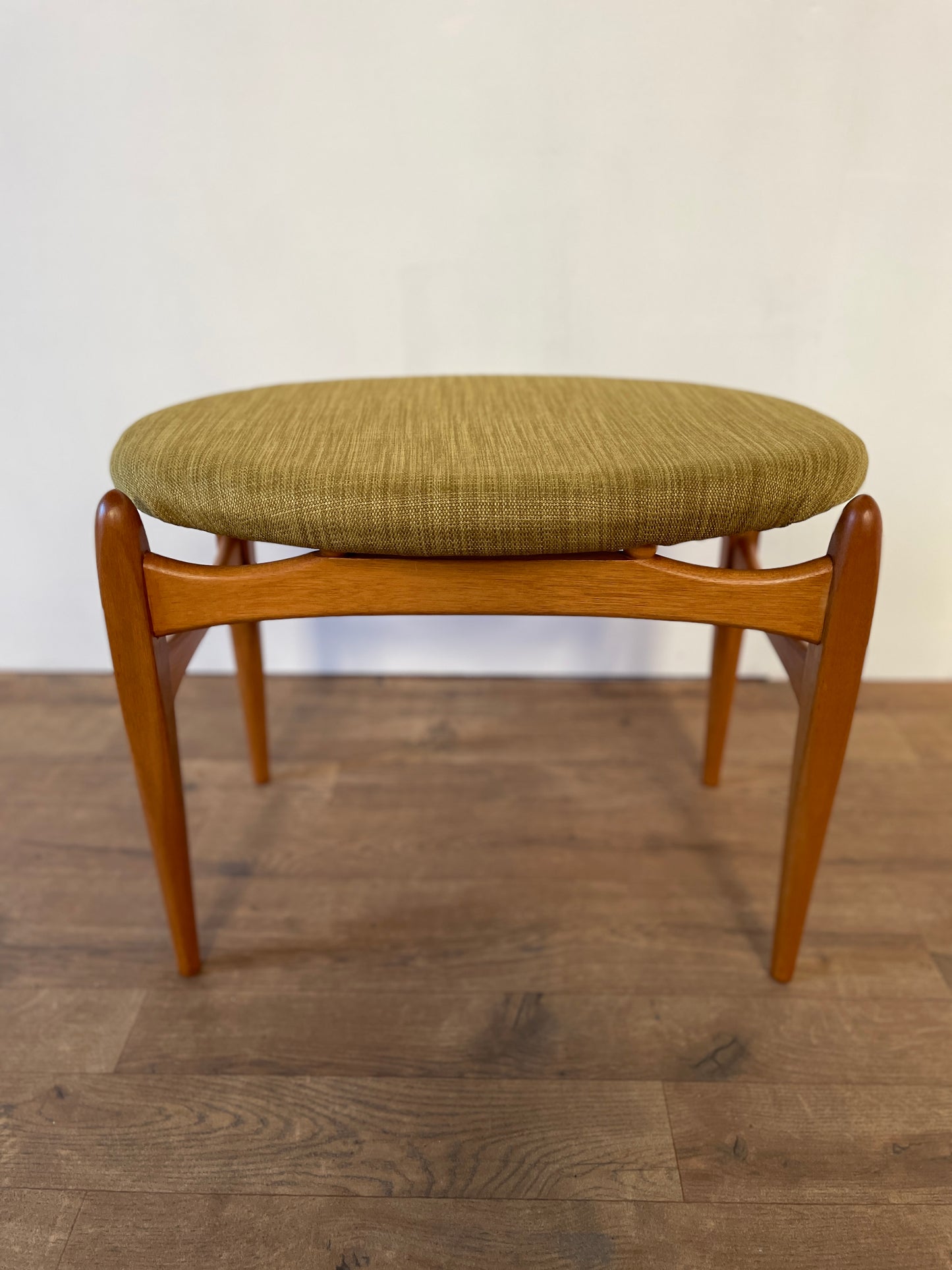Mid-Century Teak Elliotts of Newbury Upholstered Stool – Vintage 1960s Danish Style Seating