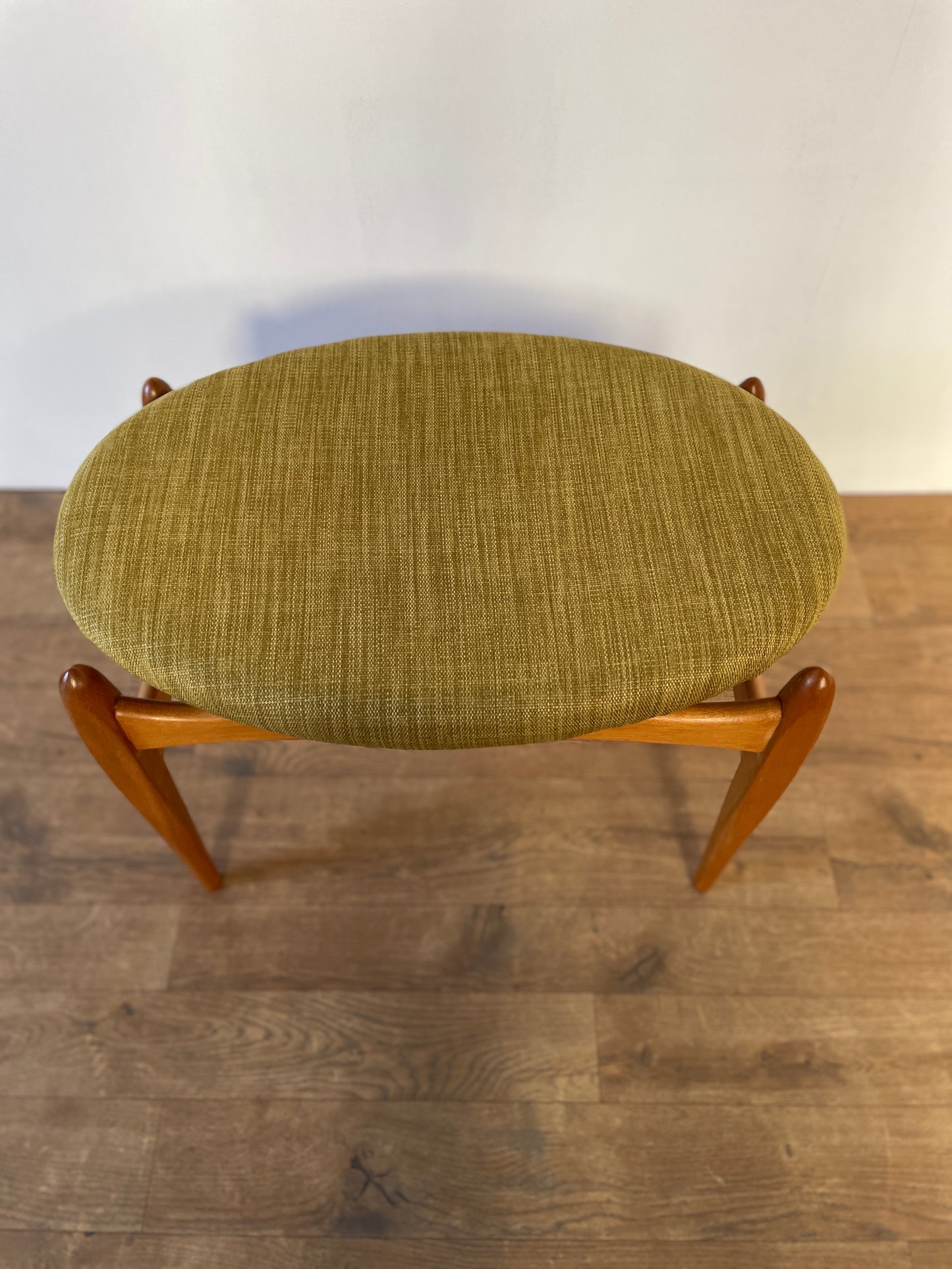 Mid-Century Teak Elliotts of Newbury Upholstered Stool – Vintage 1960s Danish Style Seating