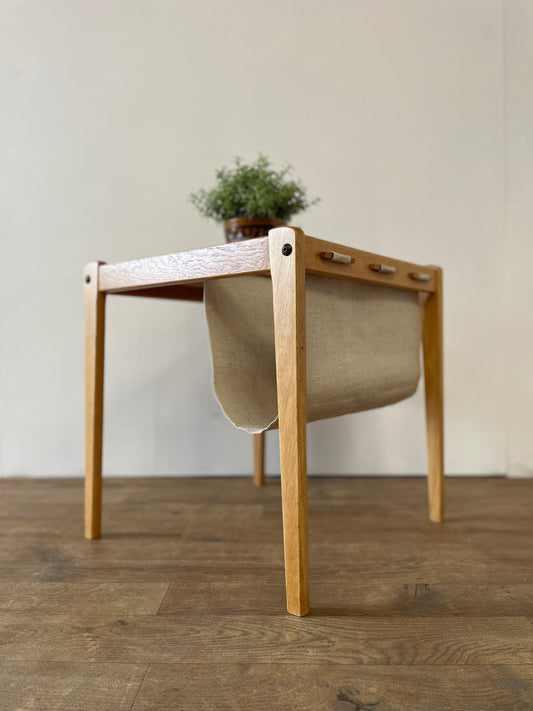 Mid-Century Danish Oak & Fabric Magazine Rack Side Table by BRDR Furbo | Scandinavian Modern 1960s