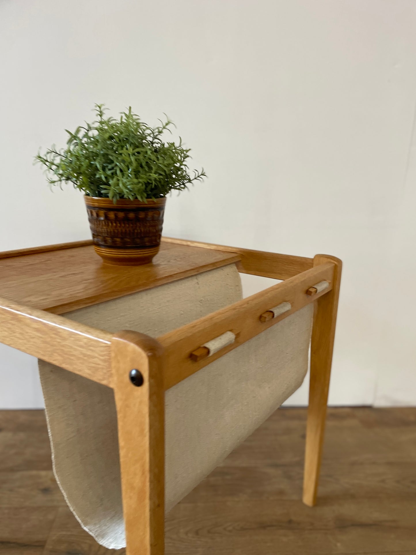 Mid-Century Danish Oak & Fabric Magazine Rack Side Table by BRDR Furbo | Scandinavian Modern 1960s