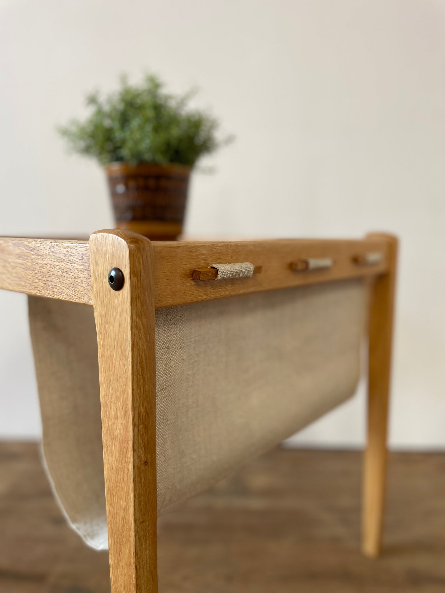 Mid-Century Danish Oak & Fabric Magazine Rack Side Table by BRDR Furbo | Scandinavian Modern 1960s