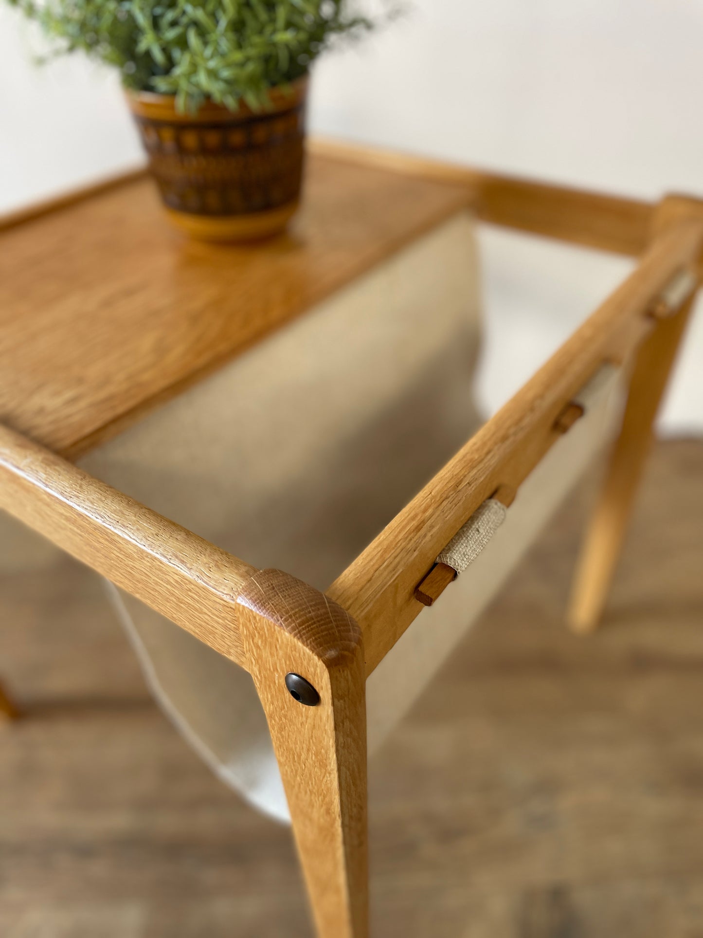 Mid-Century Danish Oak & Fabric Magazine Rack Side Table by BRDR Furbo | Scandinavian Modern 1960s