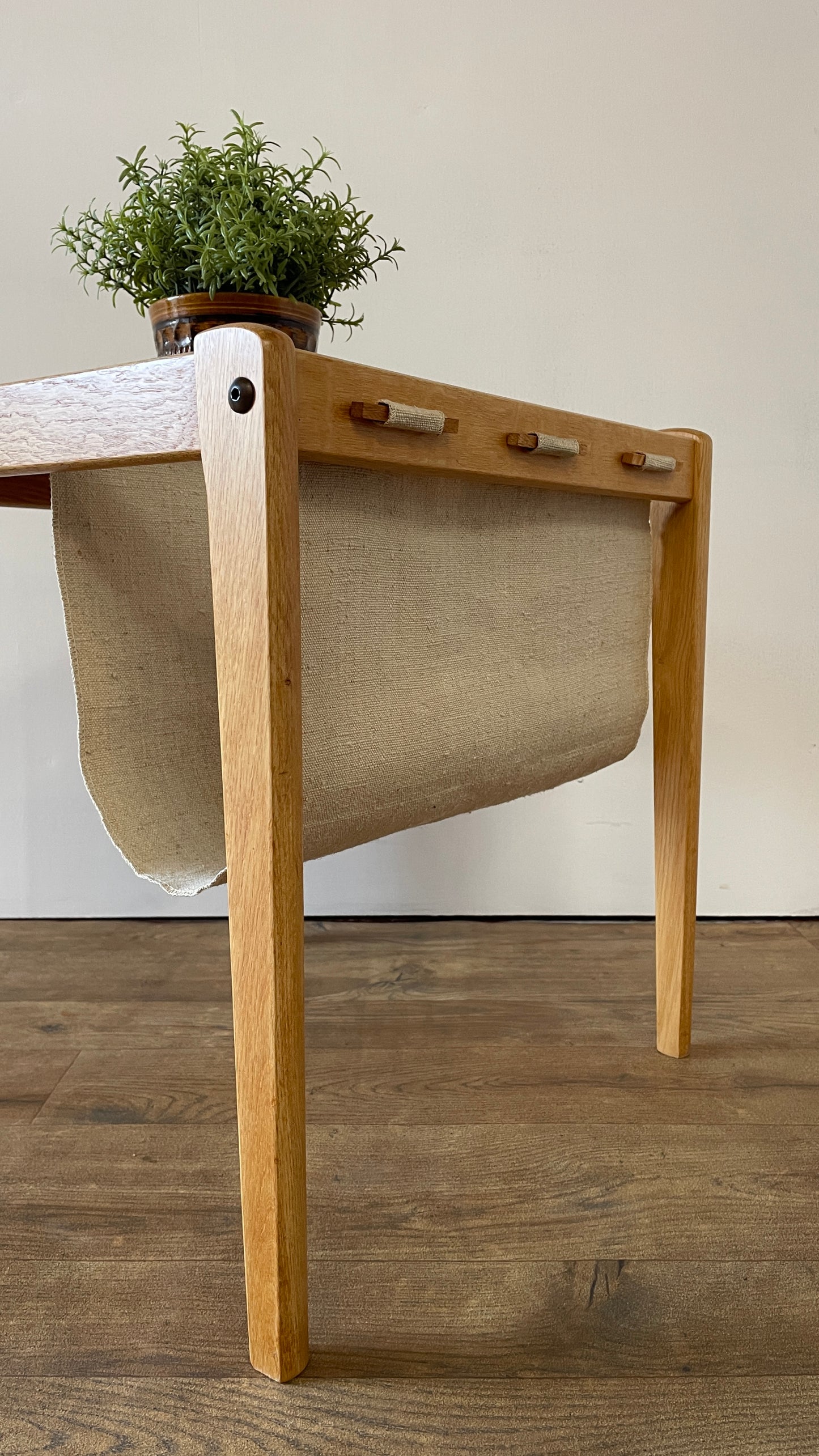 Mid-Century Danish Oak & Fabric Magazine Rack Side Table by BRDR Furbo | Scandinavian Modern 1960s
