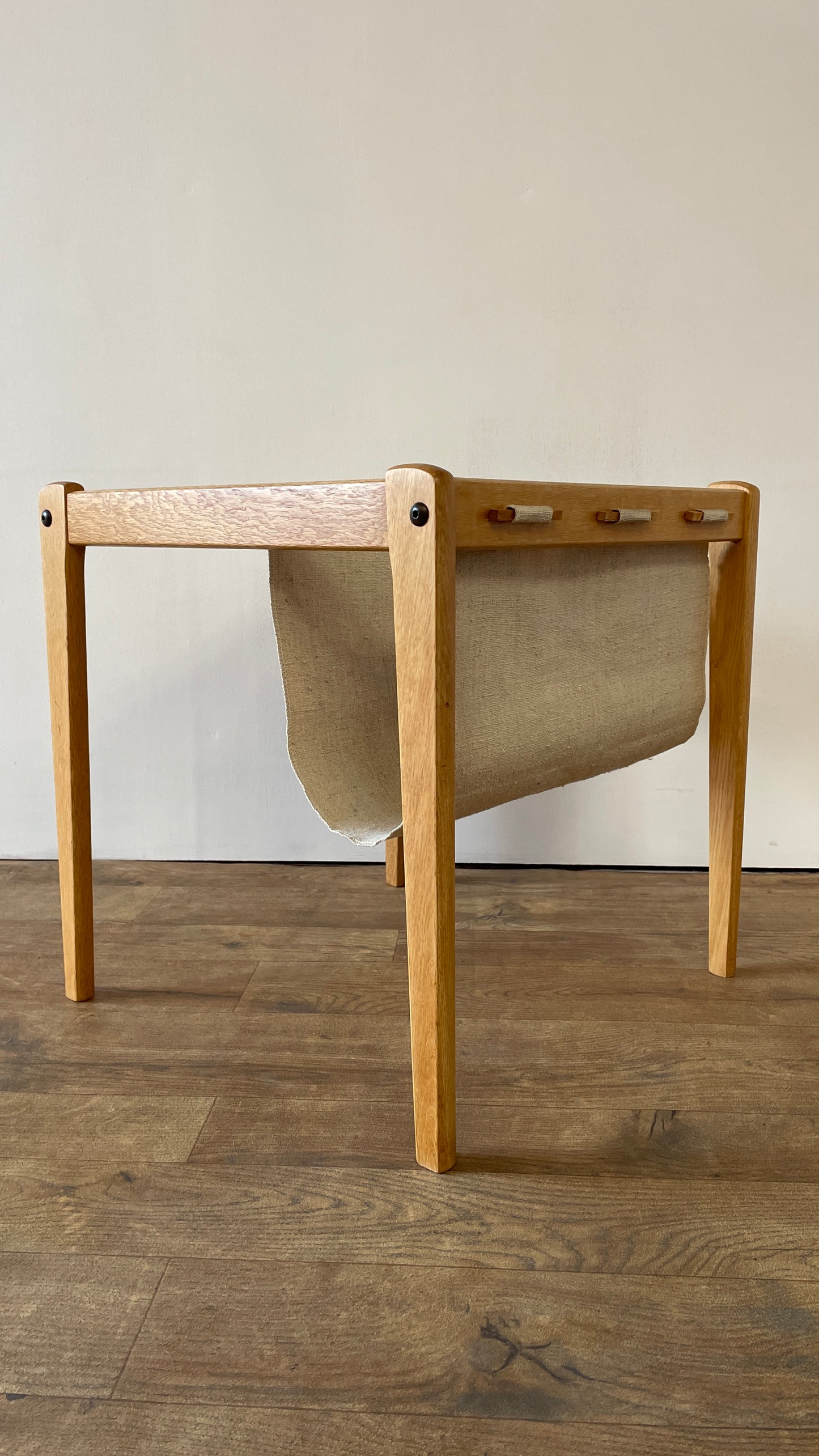 Mid-Century Danish Oak & Fabric Magazine Rack Side Table by BRDR Furbo | Scandinavian Modern 1960s