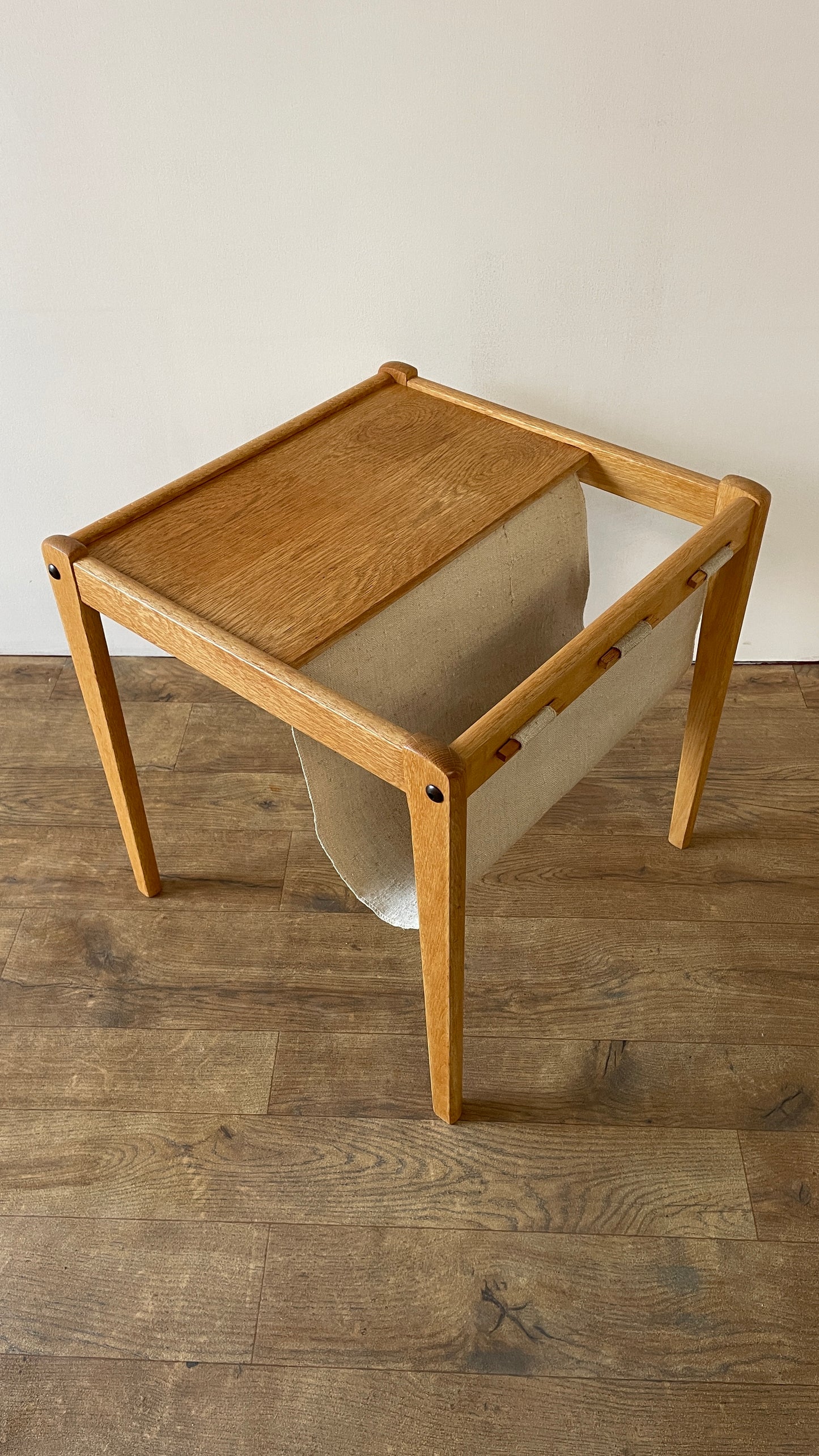 Mid-Century Danish Oak & Fabric Magazine Rack Side Table by BRDR Furbo | Scandinavian Modern 1960s