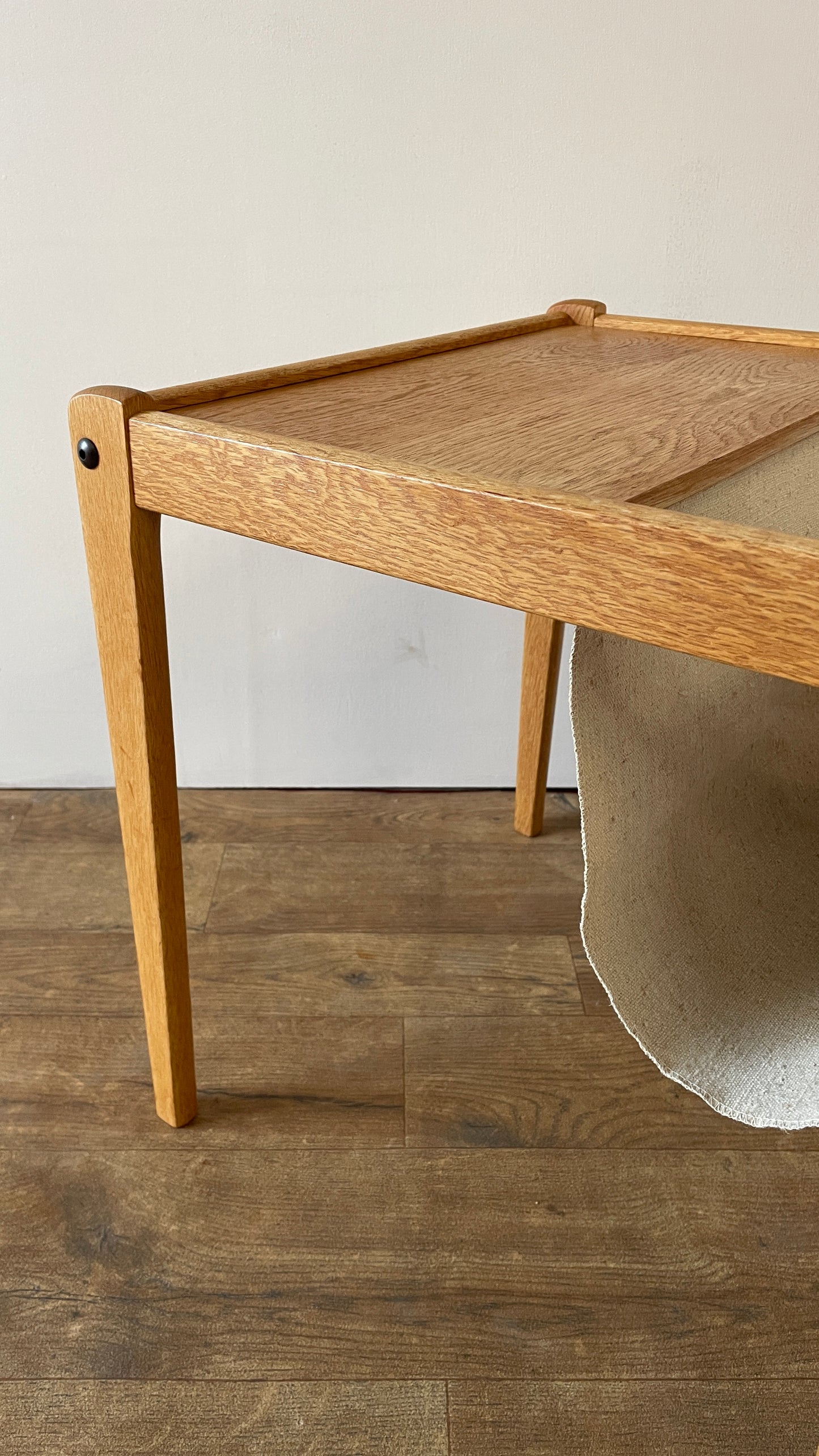 Mid-Century Danish Oak & Fabric Magazine Rack Side Table by BRDR Furbo | Scandinavian Modern 1960s