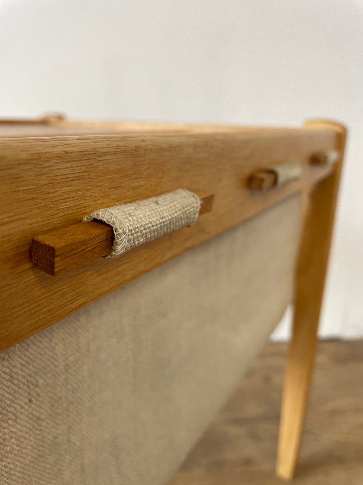 Mid-Century Danish Oak & Fabric Magazine Rack Side Table by BRDR Furbo | Scandinavian Modern 1960s