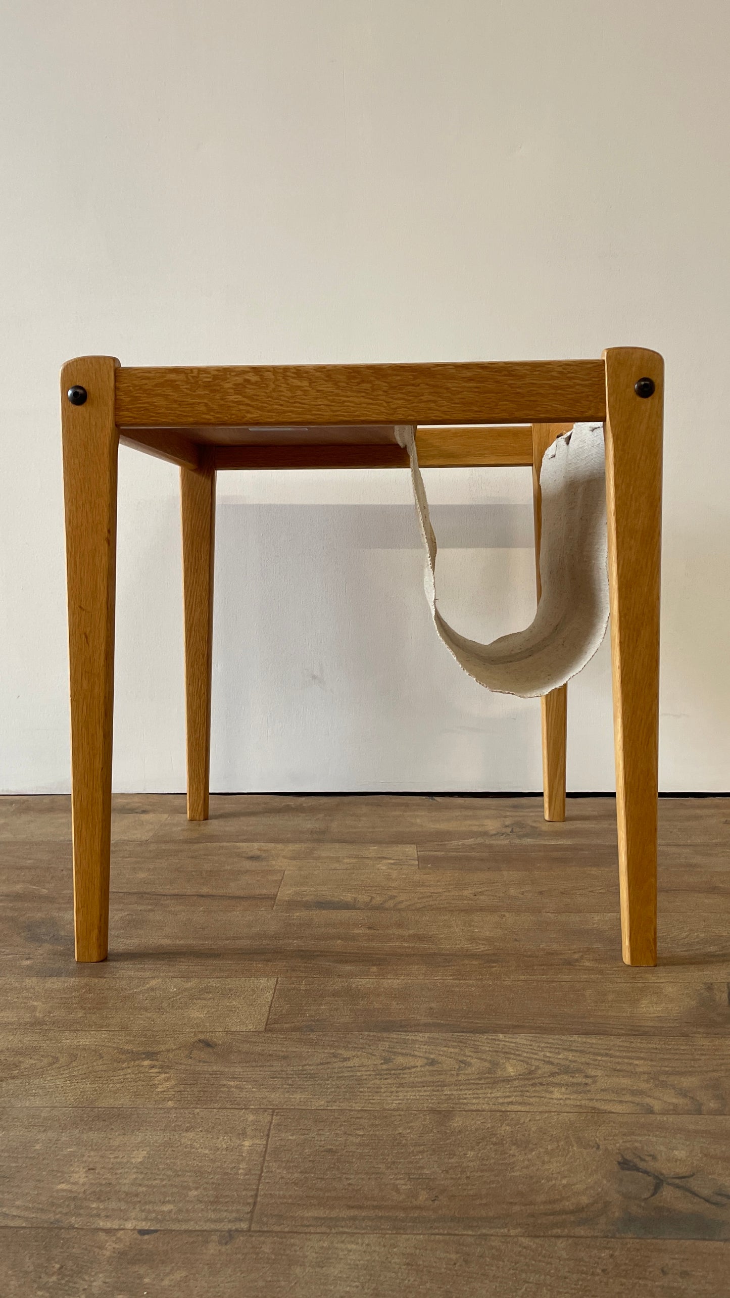 Mid-Century Danish Oak & Fabric Magazine Rack Side Table by BRDR Furbo | Scandinavian Modern 1960s