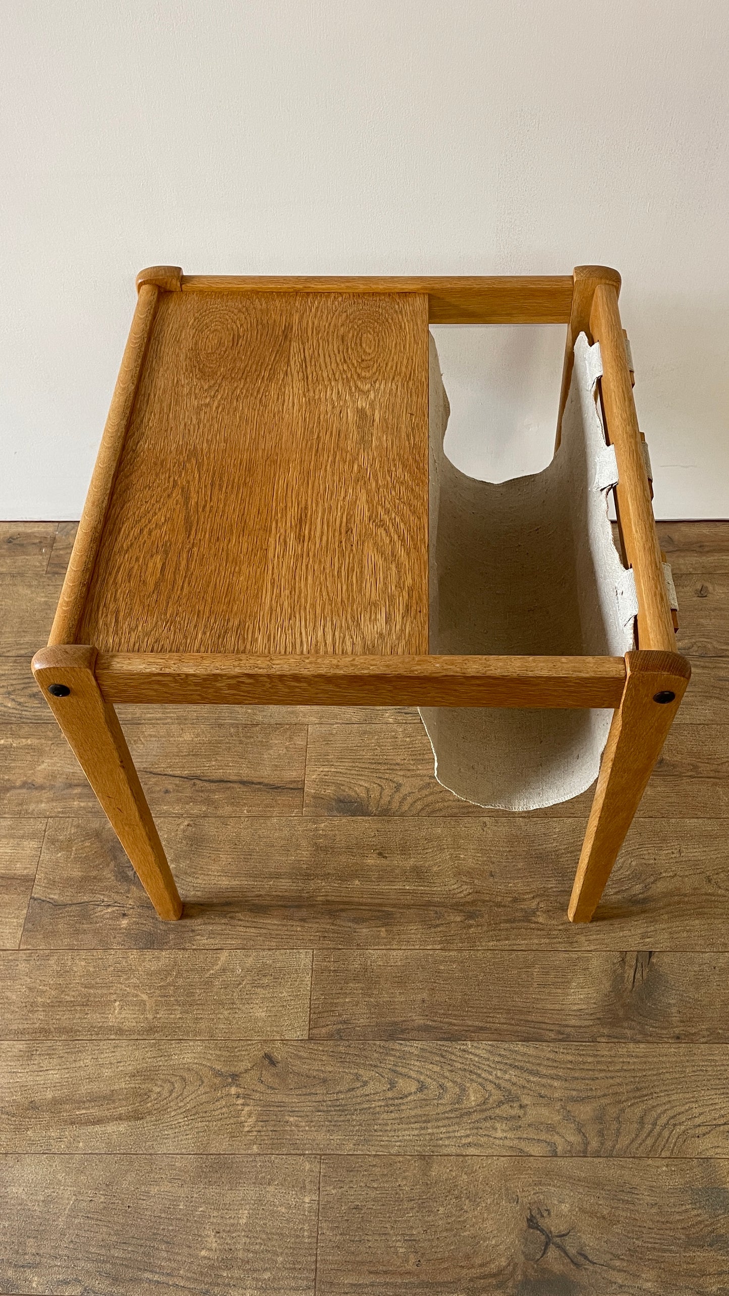 Mid-Century Danish Oak & Fabric Magazine Rack Side Table by BRDR Furbo | Scandinavian Modern 1960s