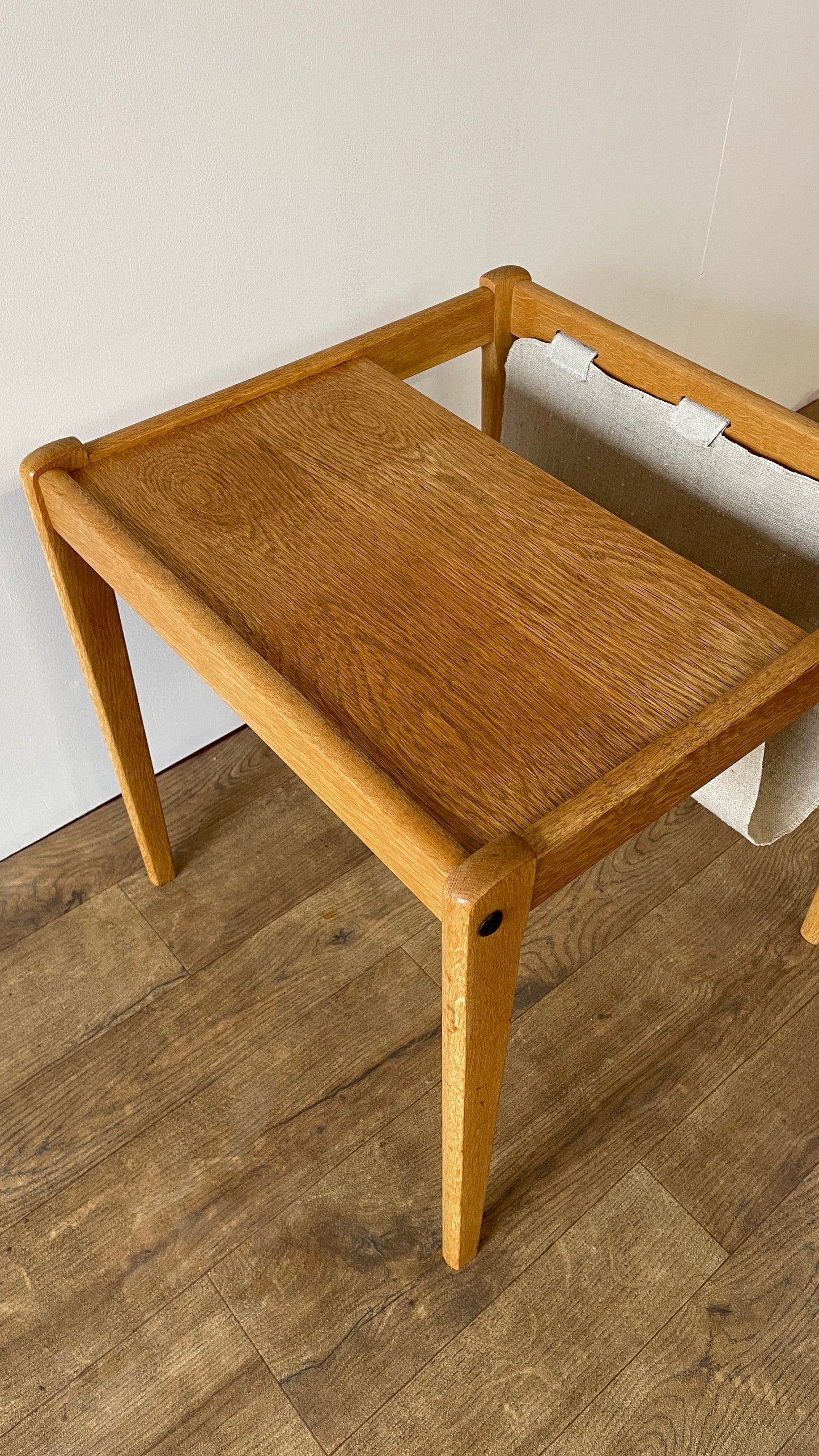 Mid-Century Danish Oak & Fabric Magazine Rack Side Table by BRDR Furbo | Scandinavian Modern 1960s