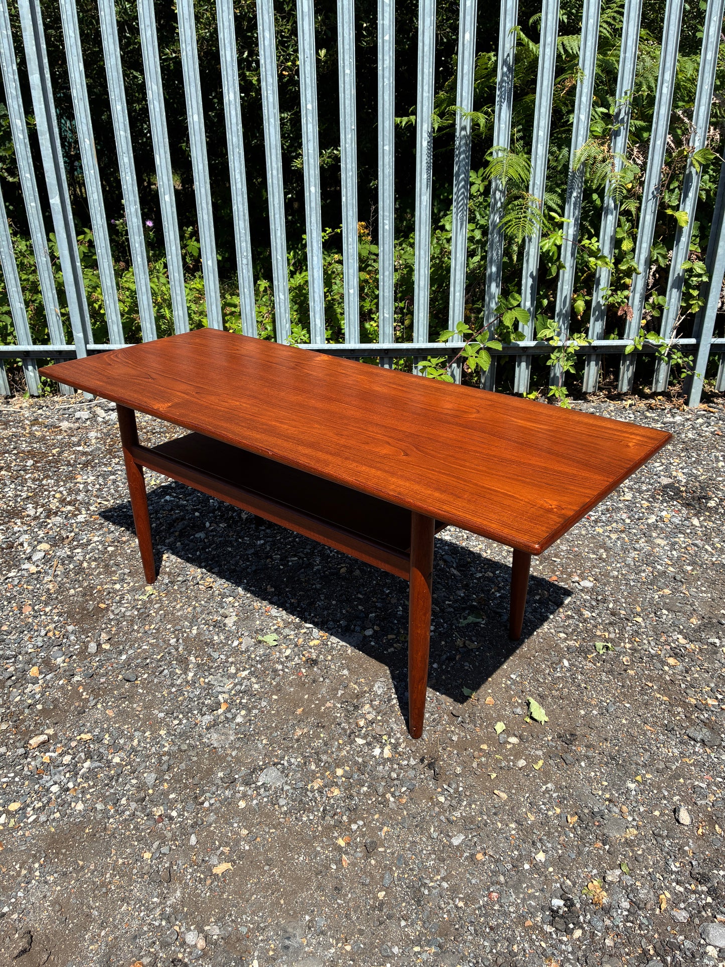 Danish Mid-Century Teak Coffee Table with Magazine Shelf | Vintage Scandinavian Modern Sofa Table | 124cm