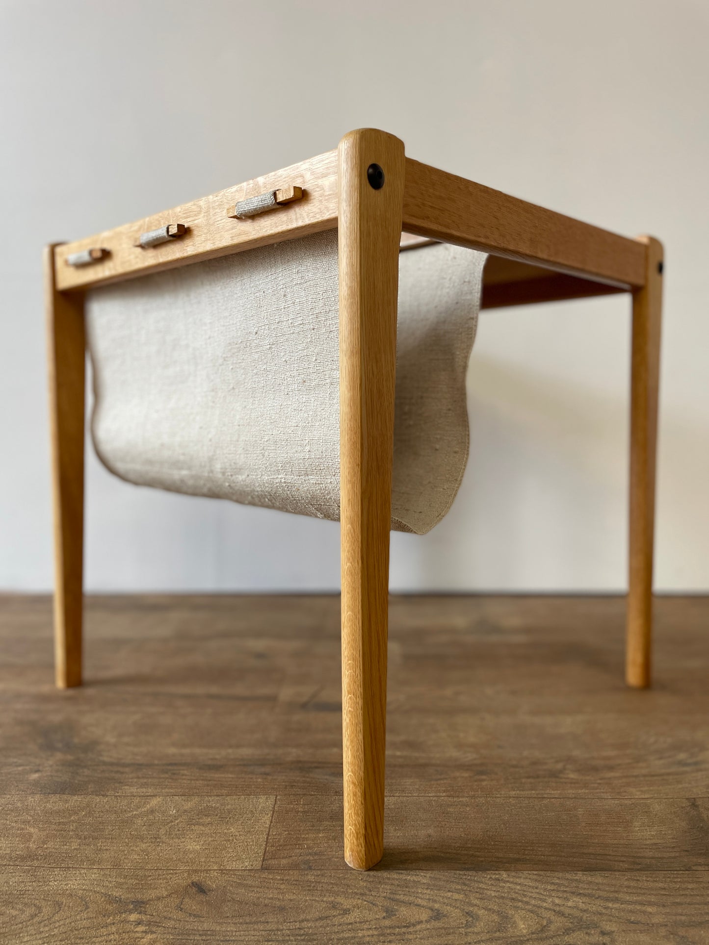 Mid-Century Danish Oak & Fabric Magazine Rack Side Table by BRDR Furbo | Scandinavian Modern 1960s
