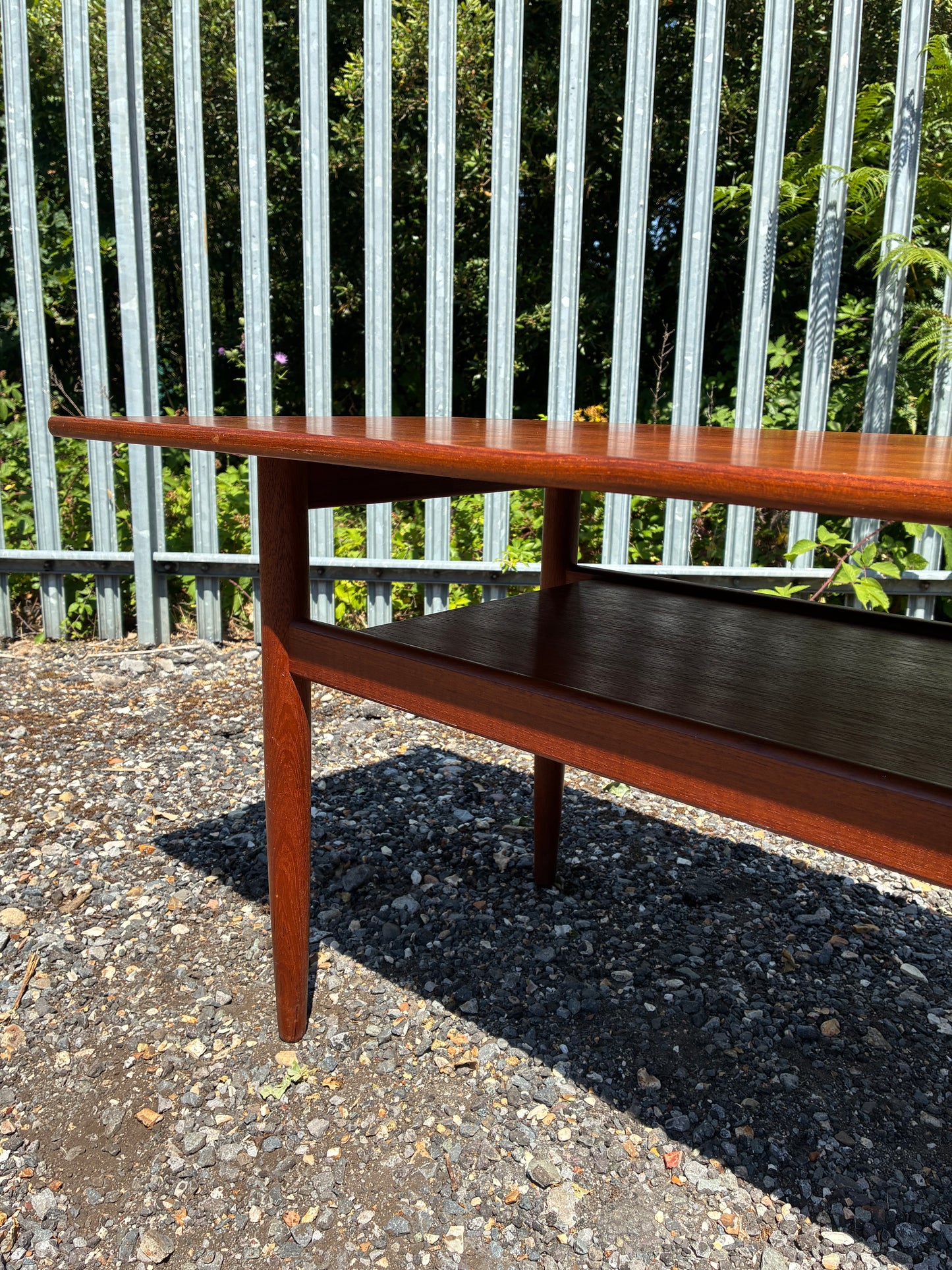 Danish Mid-Century Teak Coffee Table with Magazine Shelf | Vintage Scandinavian Modern Sofa Table | 124cm