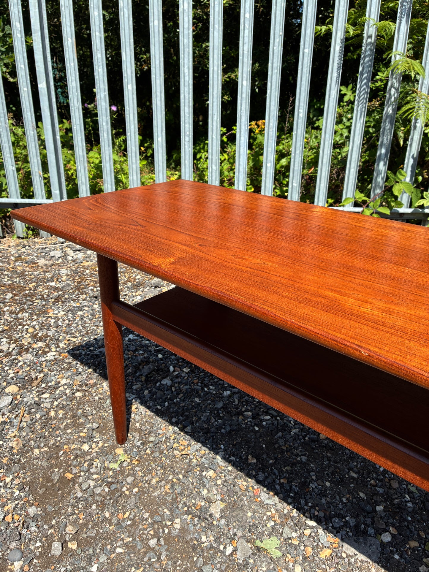 Danish Mid-Century Teak Coffee Table with Magazine Shelf | Vintage Scandinavian Modern Sofa Table | 124cm