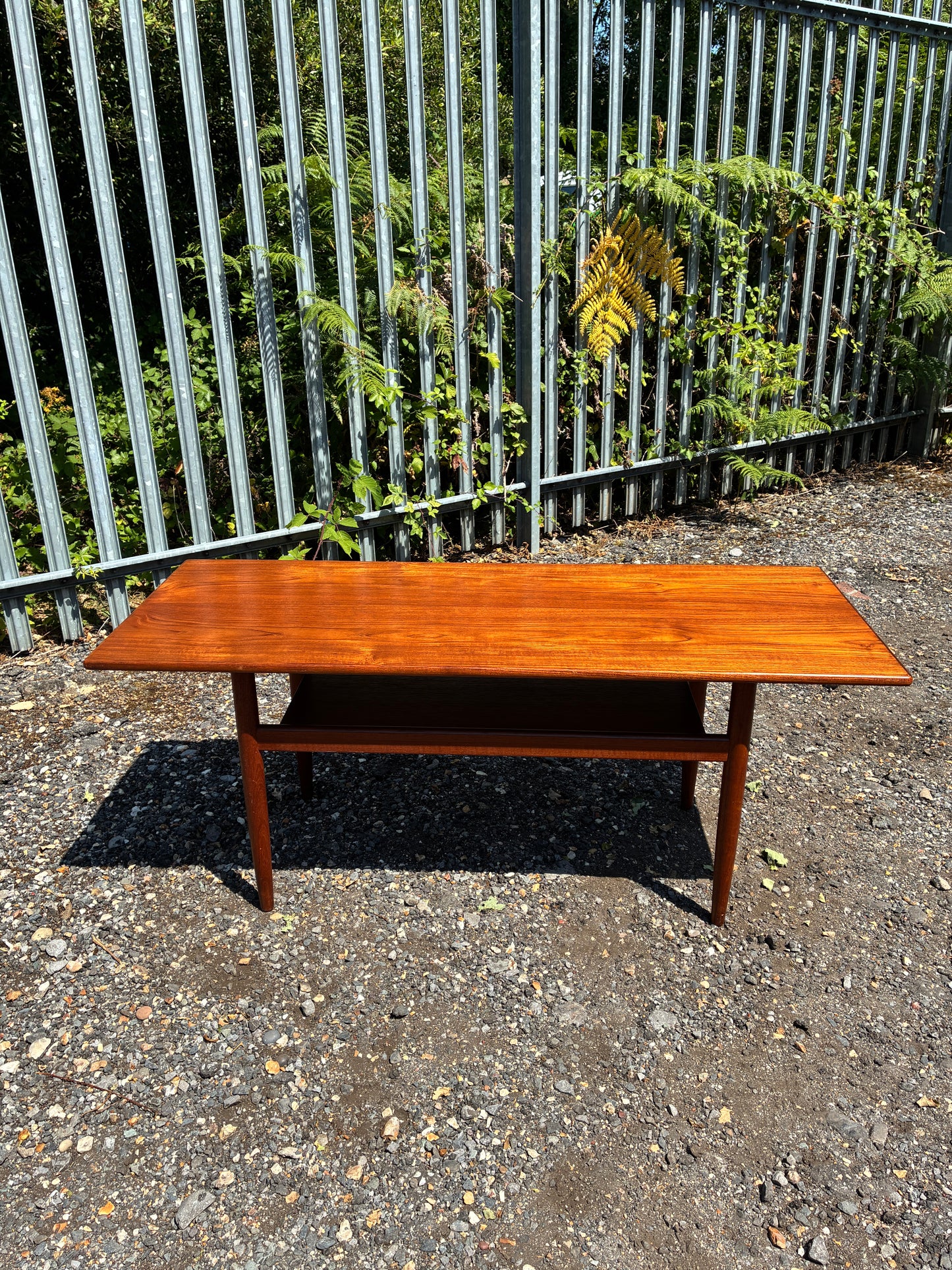 Danish Mid-Century Teak Coffee Table with Magazine Shelf | Vintage Scandinavian Modern Sofa Table | 124cm