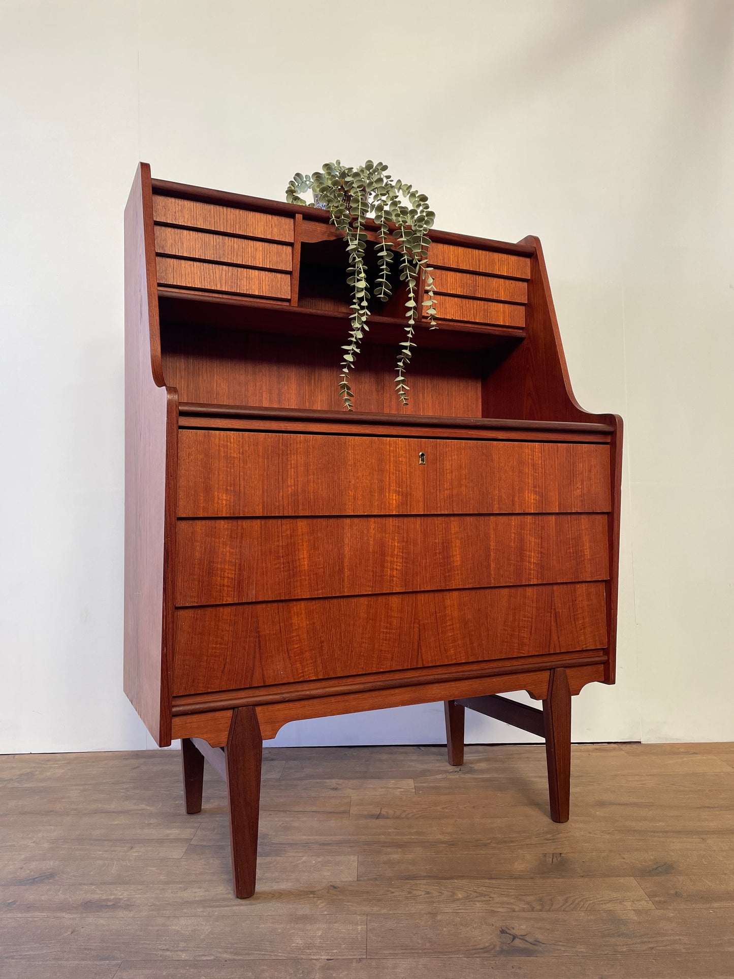 Mid-Century Danish Teak Bureau Desk with Drawers & Pull-Out Writing Surface