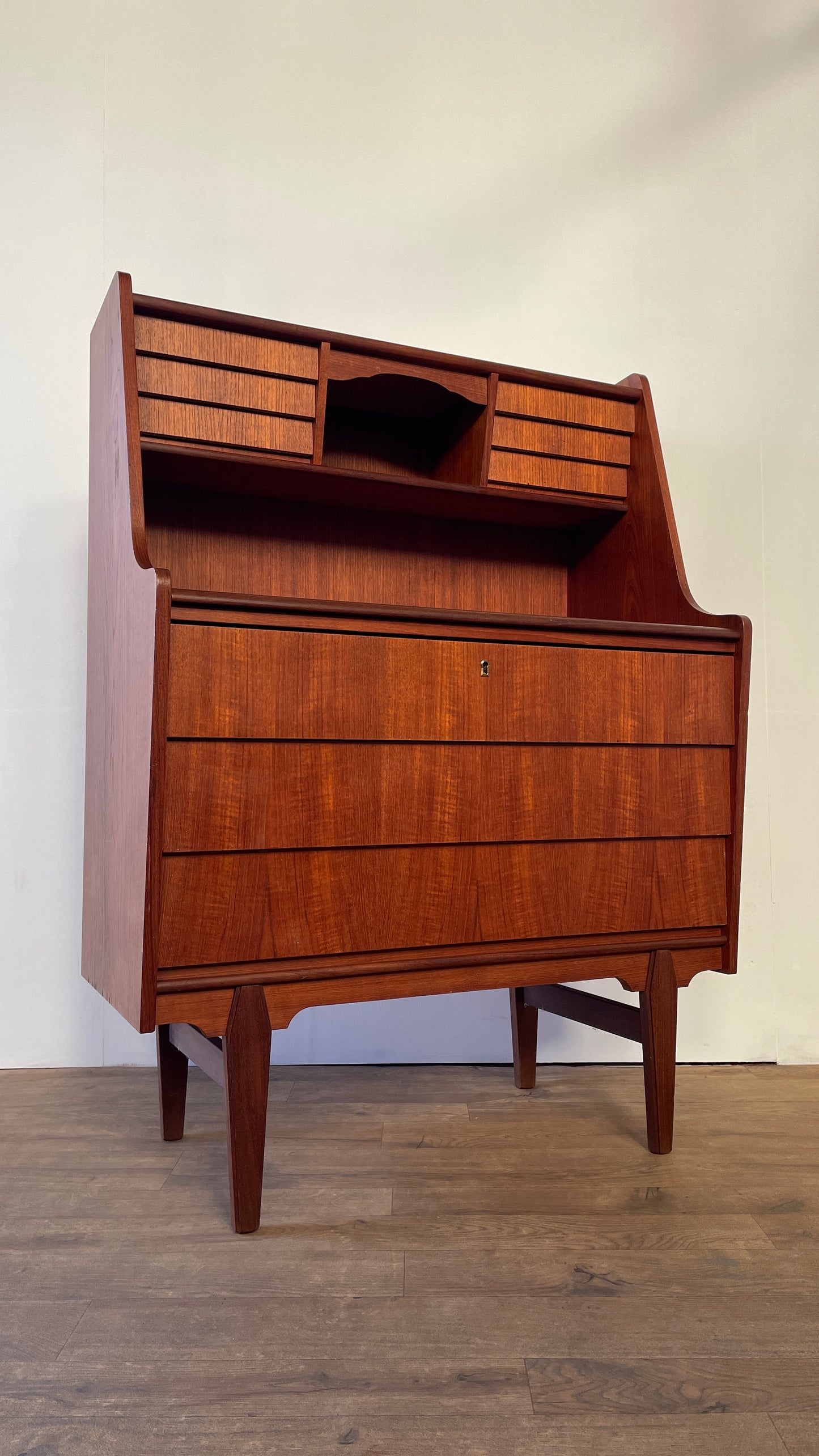 Mid-Century Danish Teak Bureau Desk with Drawers & Pull-Out Writing Surface