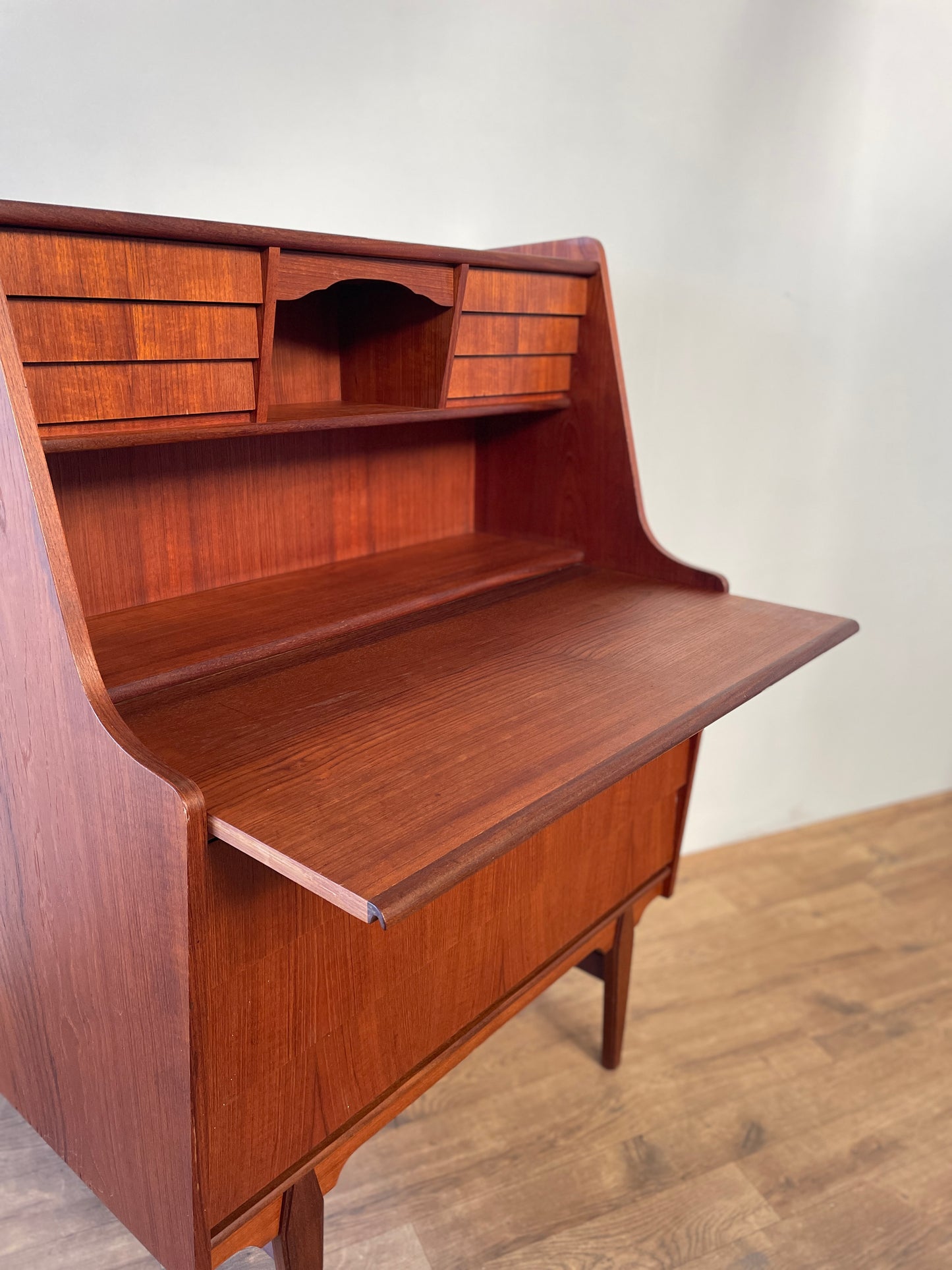Mid-Century Danish Teak Bureau Desk with Drawers & Pull-Out Writing Surface