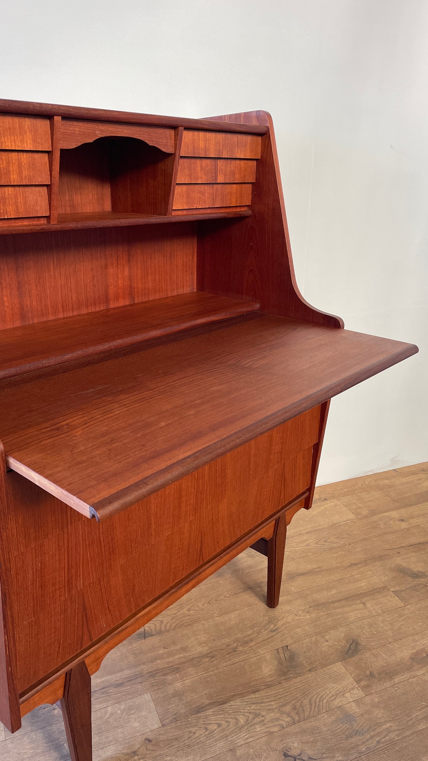 Mid-Century Danish Teak Bureau Desk with Drawers & Pull-Out Writing Surface