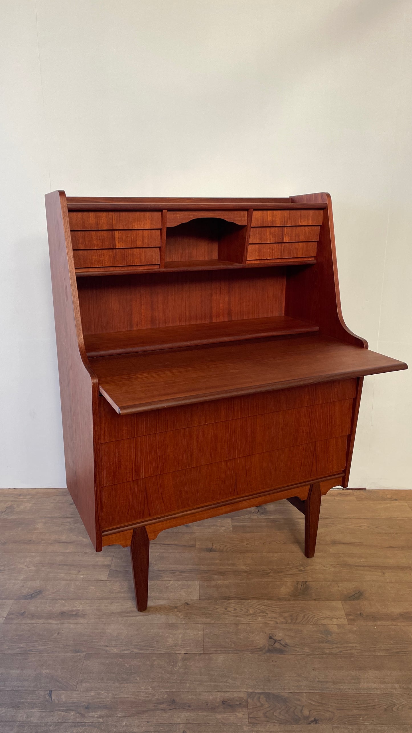 Mid-Century Danish Teak Bureau Desk with Drawers & Pull-Out Writing Surface
