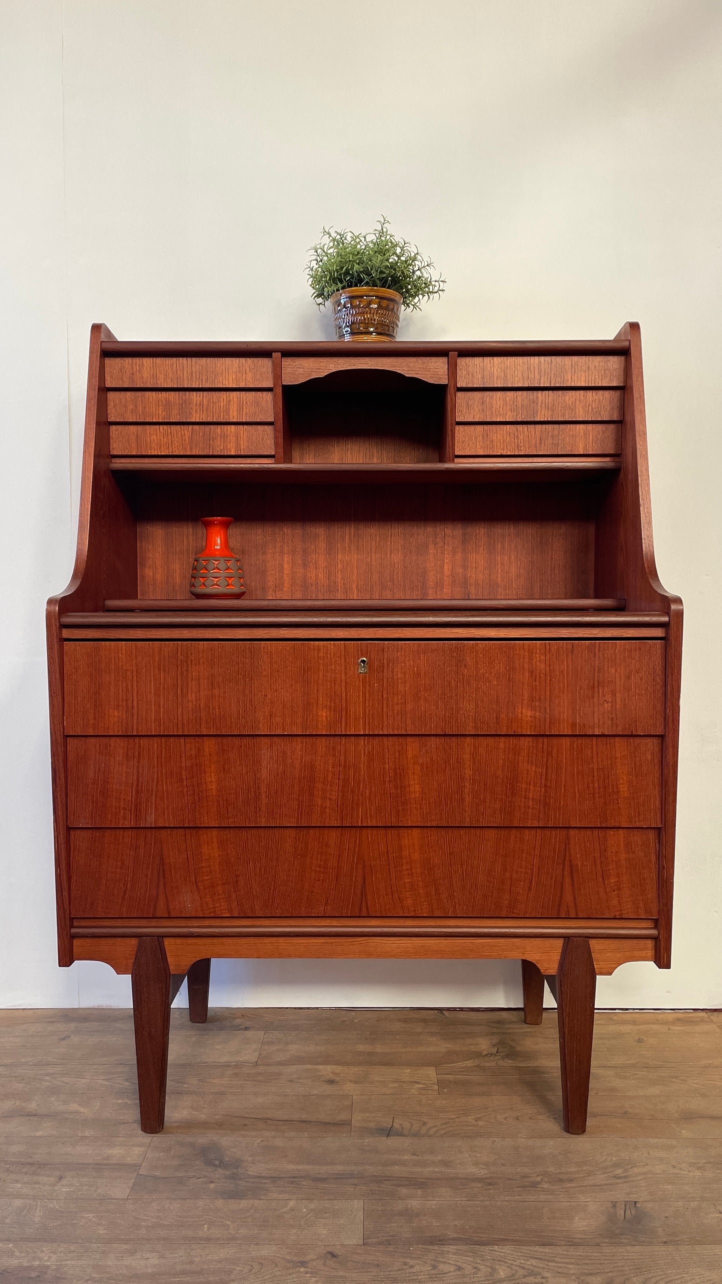 Mid-Century Danish Teak Bureau Desk with Drawers & Pull-Out Writing Surface
