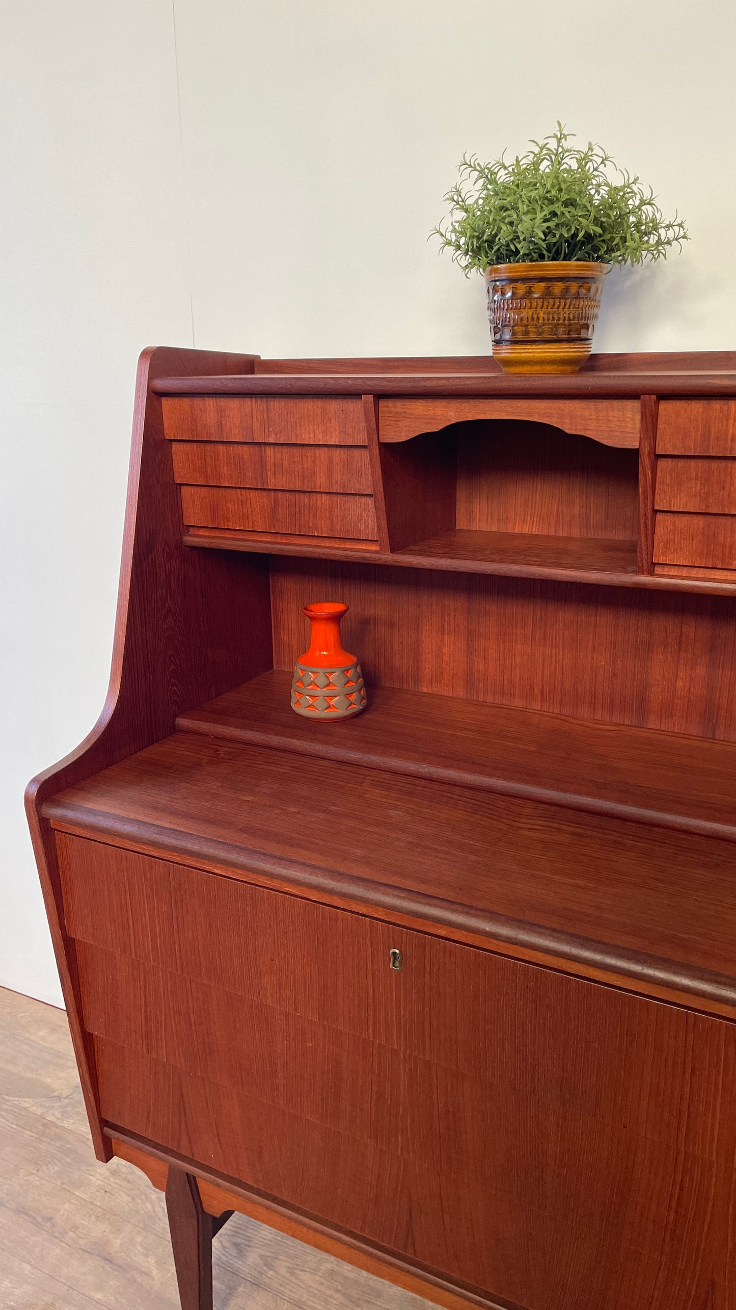 Mid-Century Danish Teak Bureau Desk with Drawers & Pull-Out Writing Surface