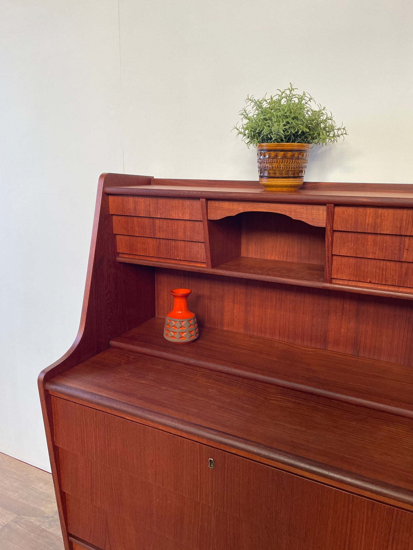 Mid-Century Danish Teak Bureau Desk with Drawers & Pull-Out Writing Surface