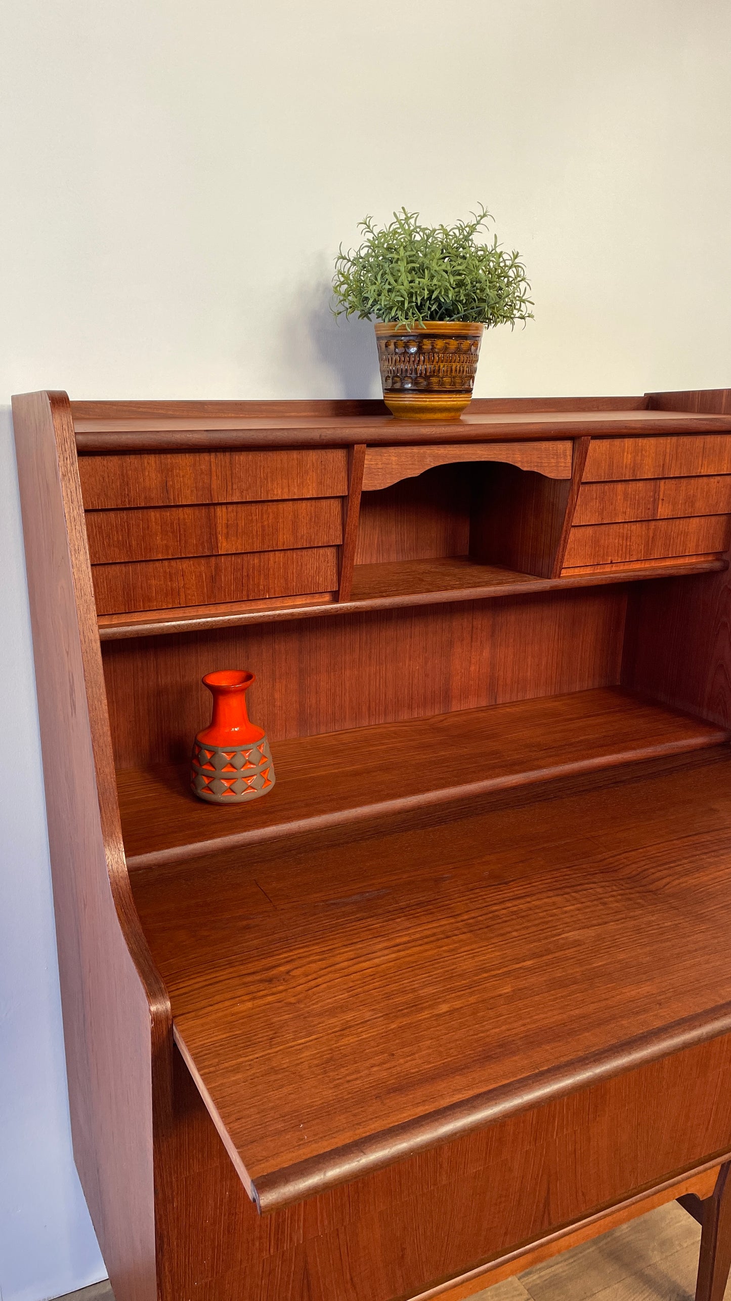 Mid-Century Danish Teak Bureau Desk with Drawers & Pull-Out Writing Surface