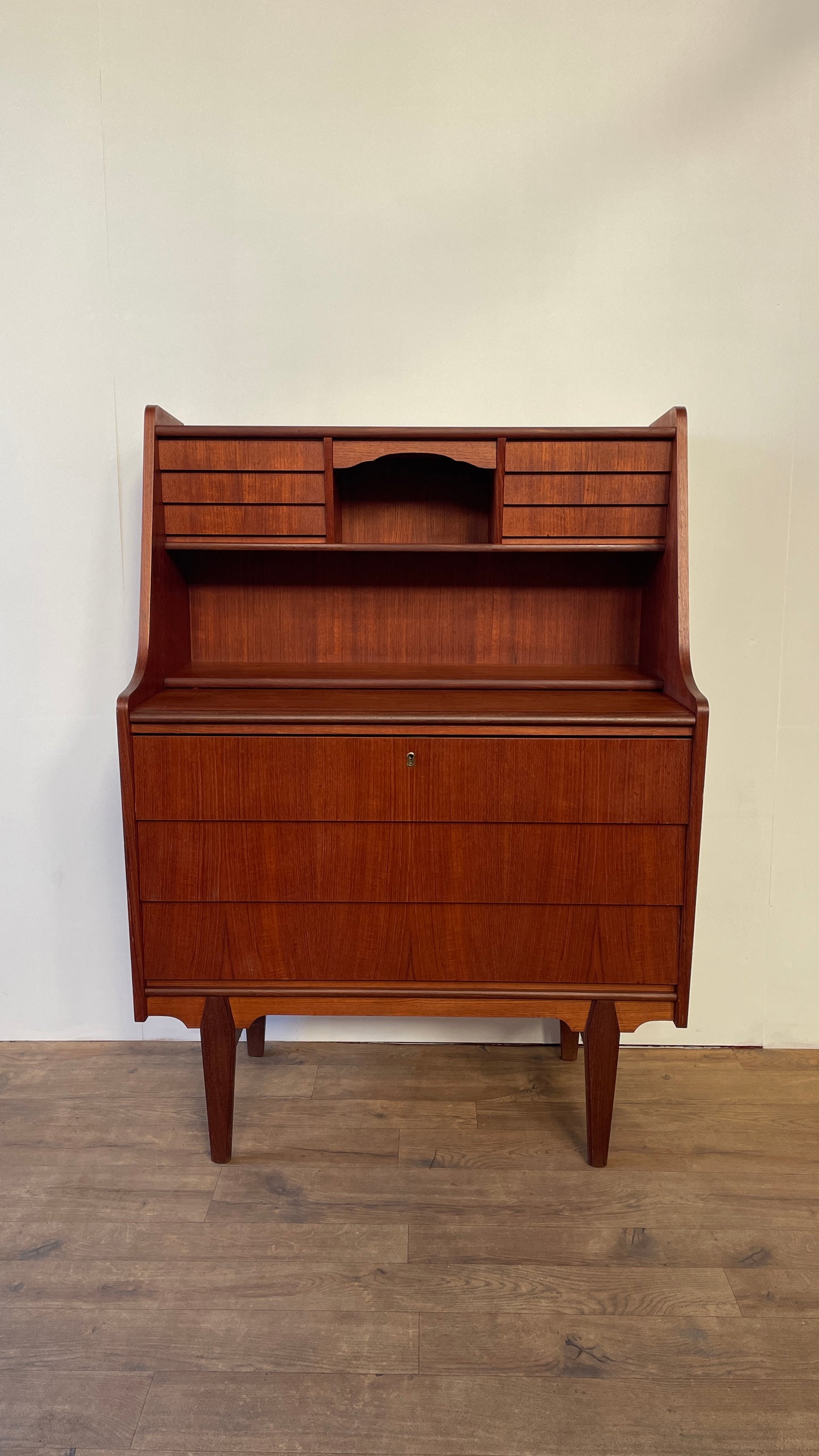 Mid-Century Danish Teak Bureau Desk with Drawers & Pull-Out Writing Surface