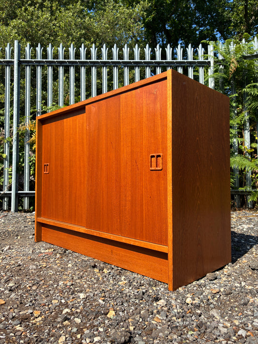 Danish Mid-Century Teak Sliding Door Cupboard | Scandinavian Storage Cabinet | Retro Sideboard | 87cm