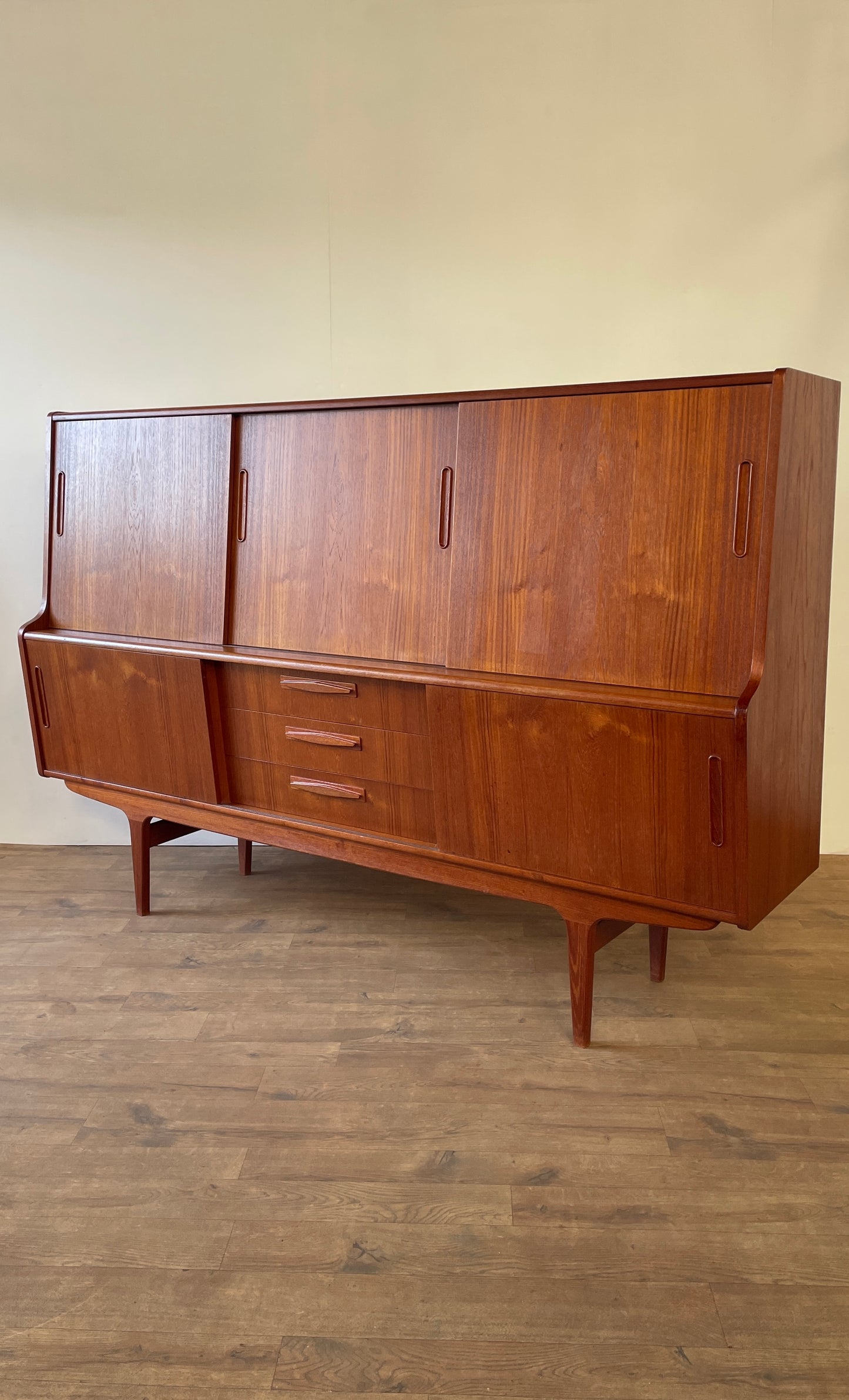 Mid-Century Danish Teak Highboard Sideboard with Sliding Doors & Drawers