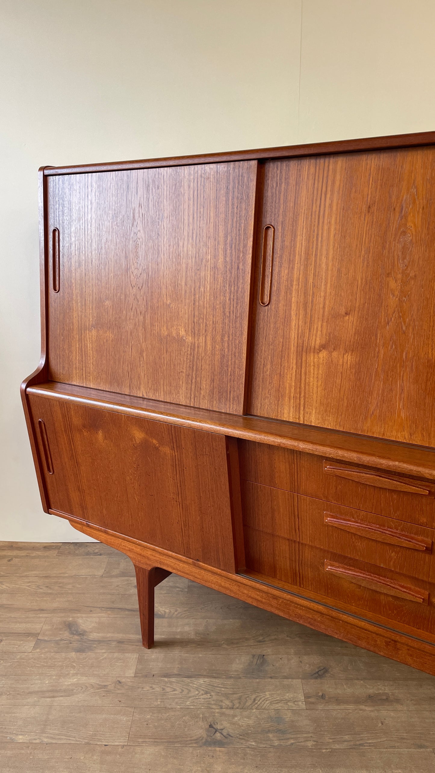 Mid-Century Danish Teak Highboard Sideboard with Sliding Doors & Drawers