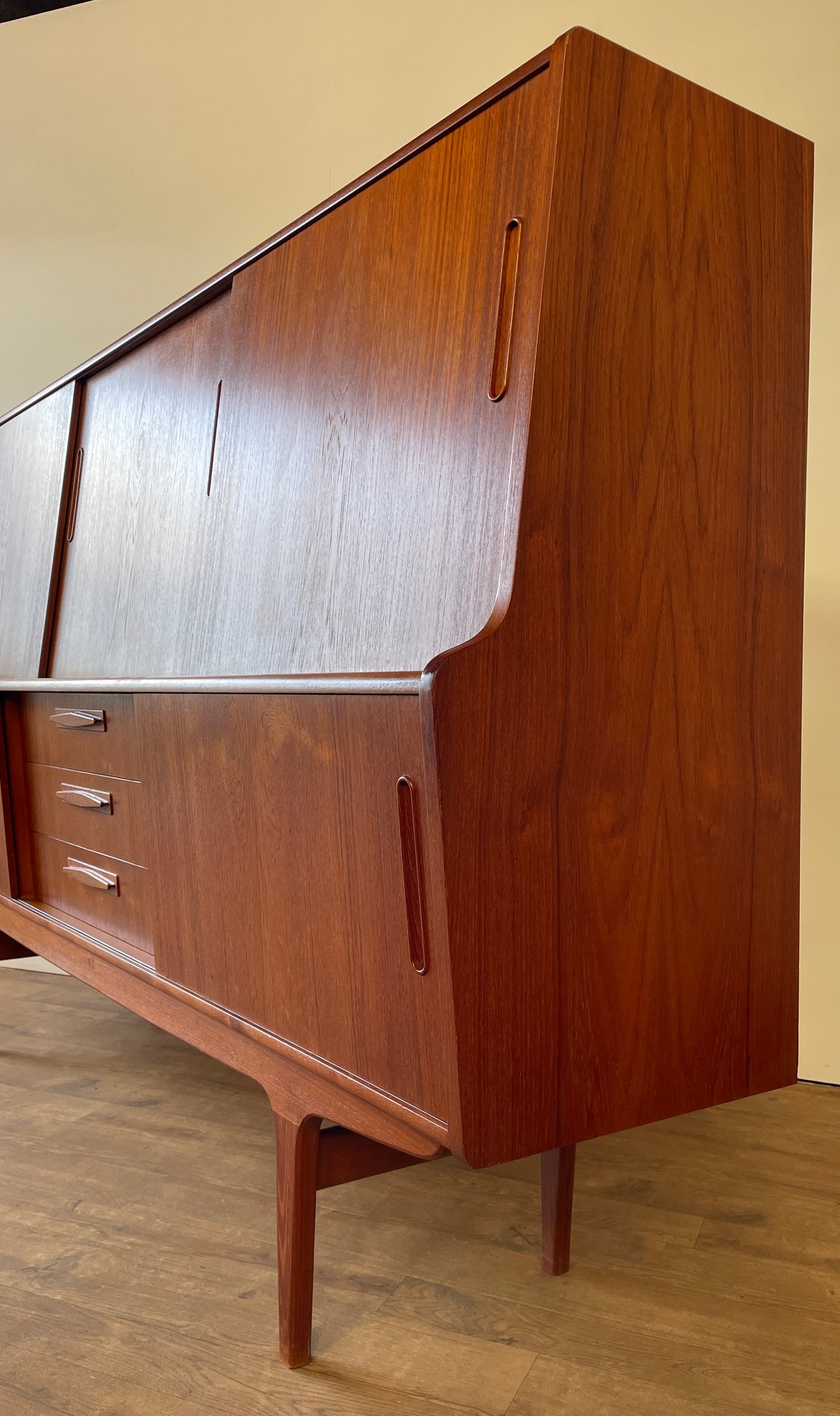 Mid-Century Danish Teak Highboard Sideboard with Sliding Doors & Drawers