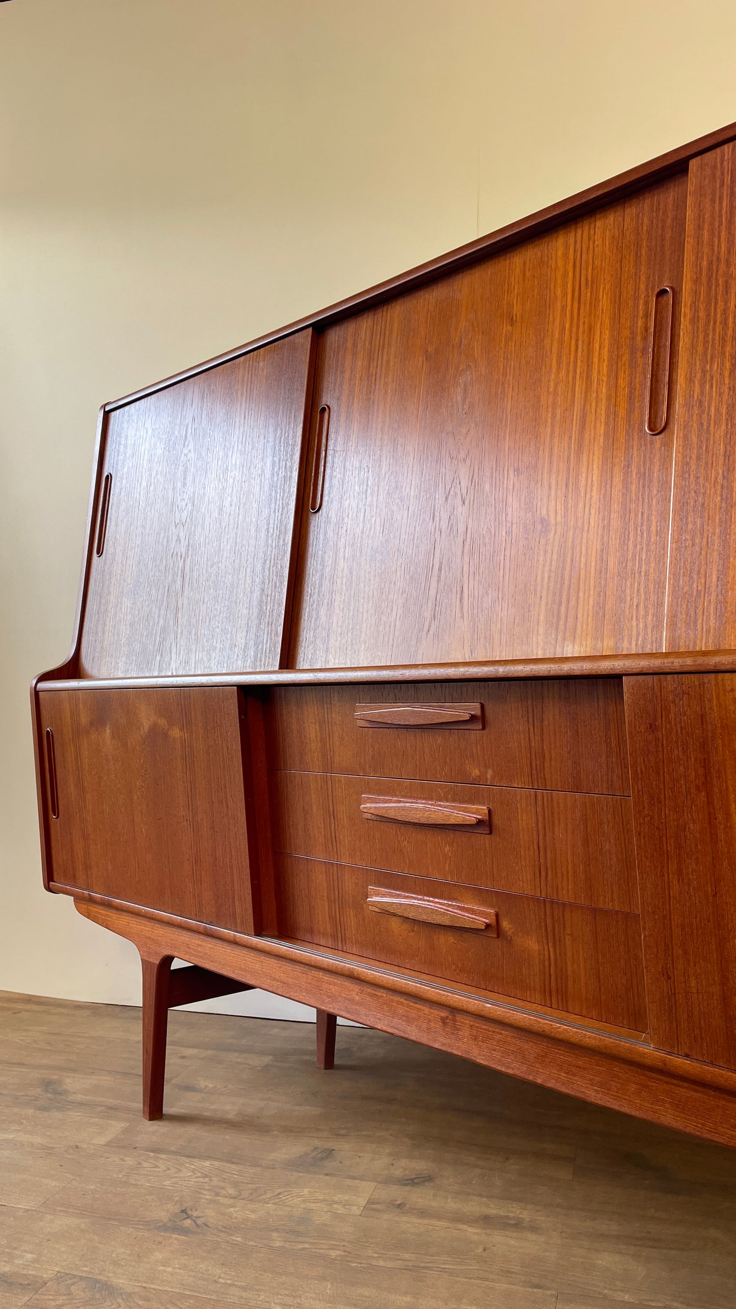 Mid-Century Danish Teak Highboard Sideboard with Sliding Doors & Drawers