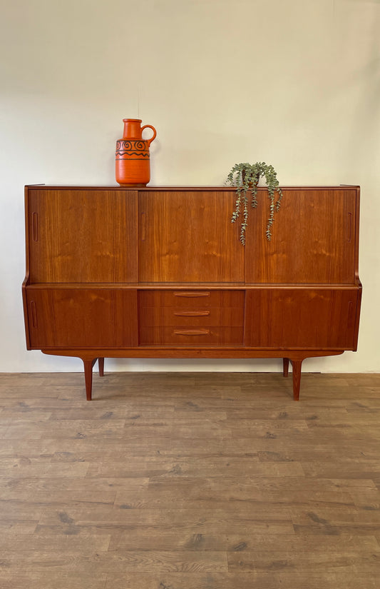 Mid-Century Danish Teak Highboard Sideboard with Sliding Doors & Drawers