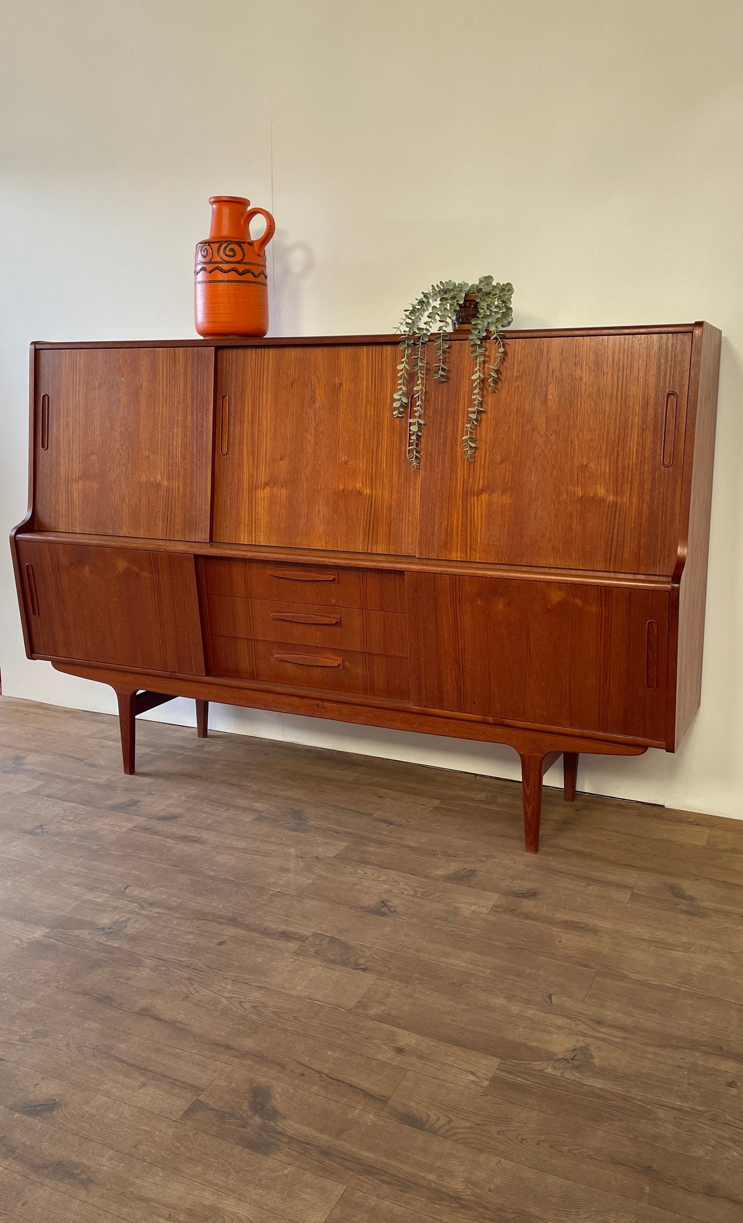 Mid-Century Danish Teak Highboard Sideboard with Sliding Doors & Drawers