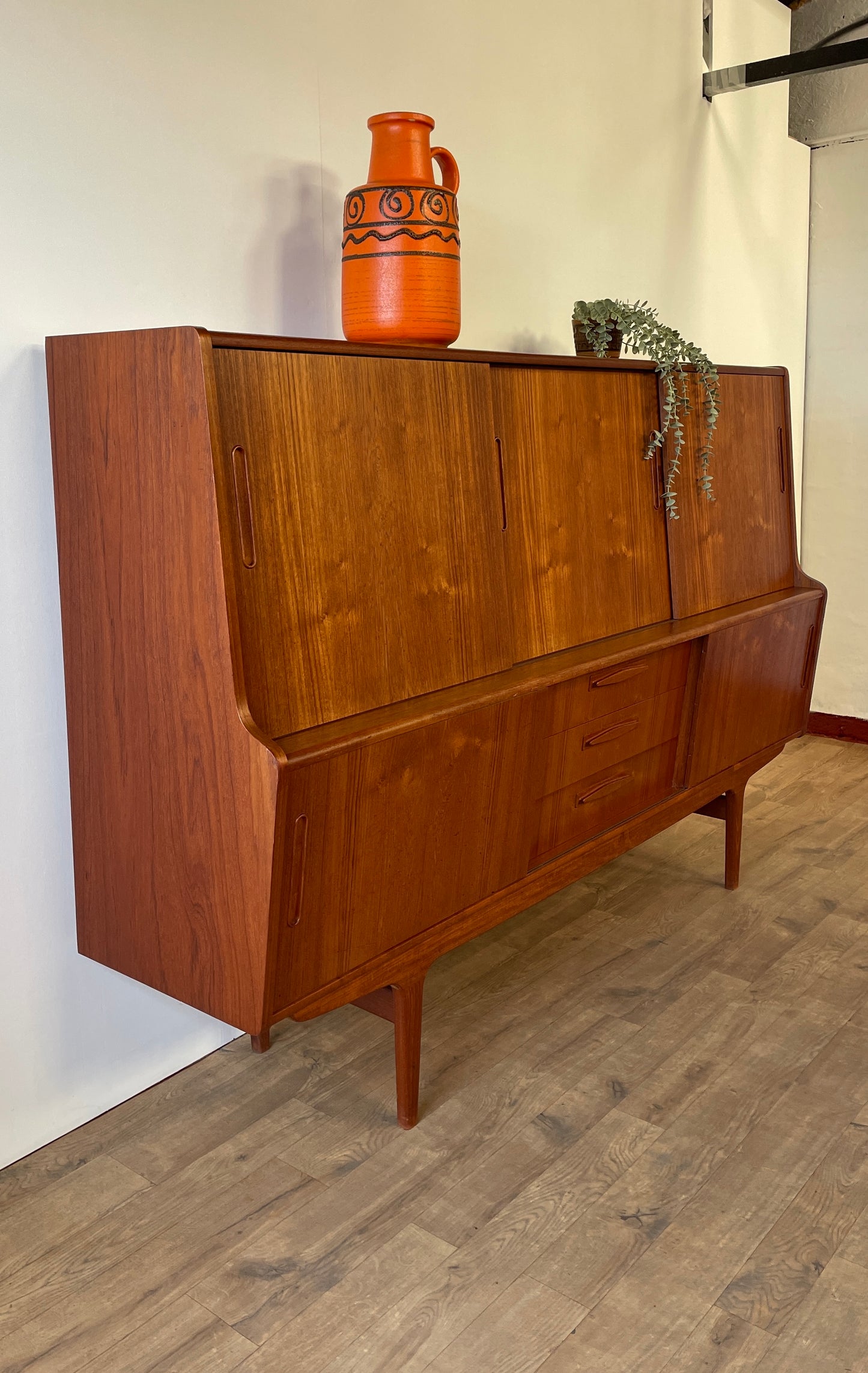 Mid-Century Danish Teak Highboard Sideboard with Sliding Doors & Drawers