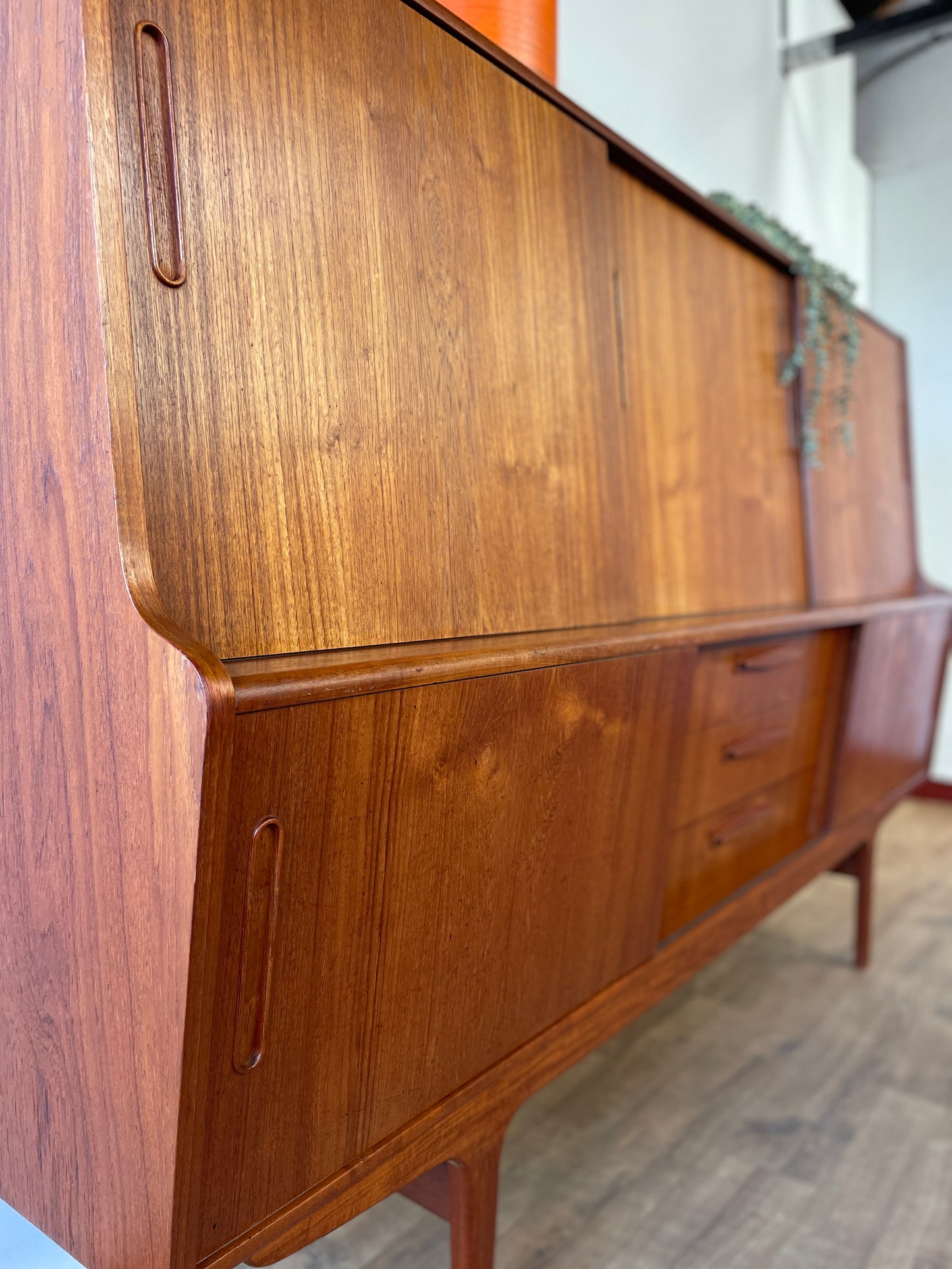 Mid-Century Danish Teak Highboard Sideboard with Sliding Doors & Drawers
